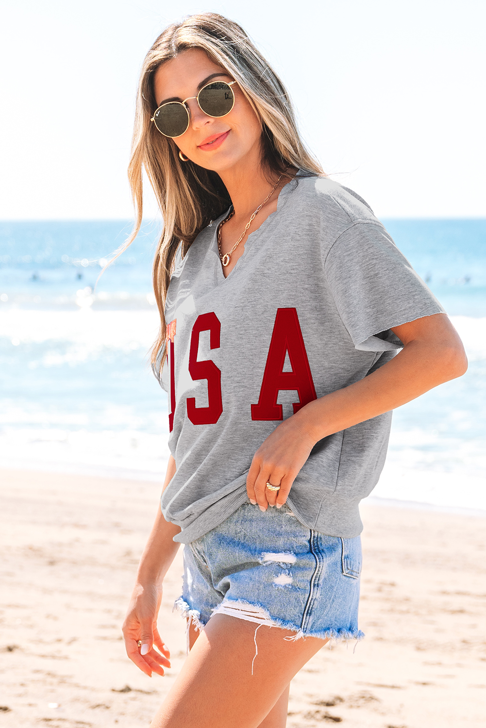 Light Grey USA Lettering Patch Notched Neck Loose Tee - loveforevers