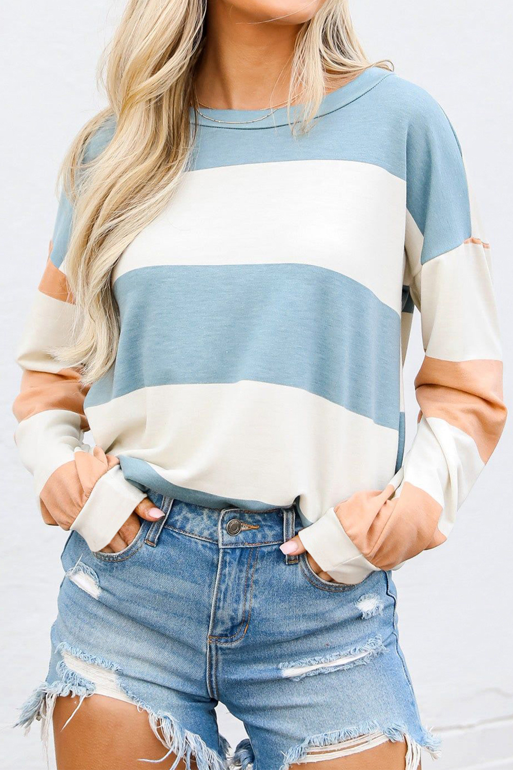 Light Blue Colorblock Striped Drop Shoulder Long Sleeve Top - loveforevers