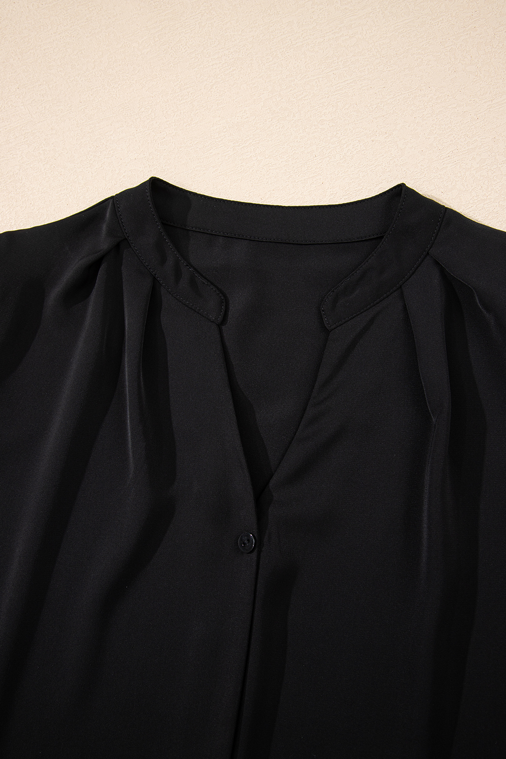 Black Silky Notched Neckline Petal Sleeve Blouse - loveforevers