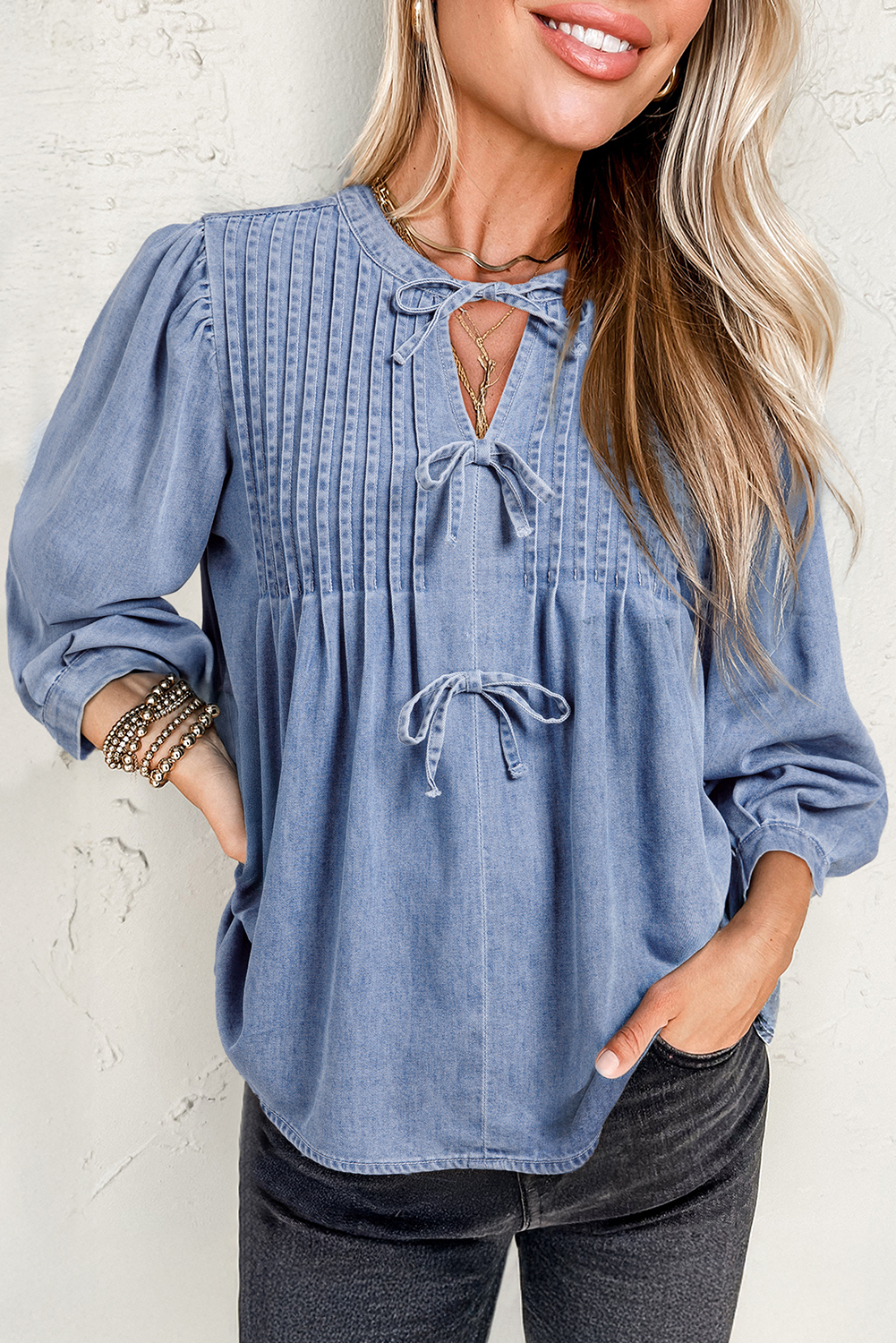 Myosotis Denim Front Pintuck Bow Tie Puff Sleeve Top - loveforevers