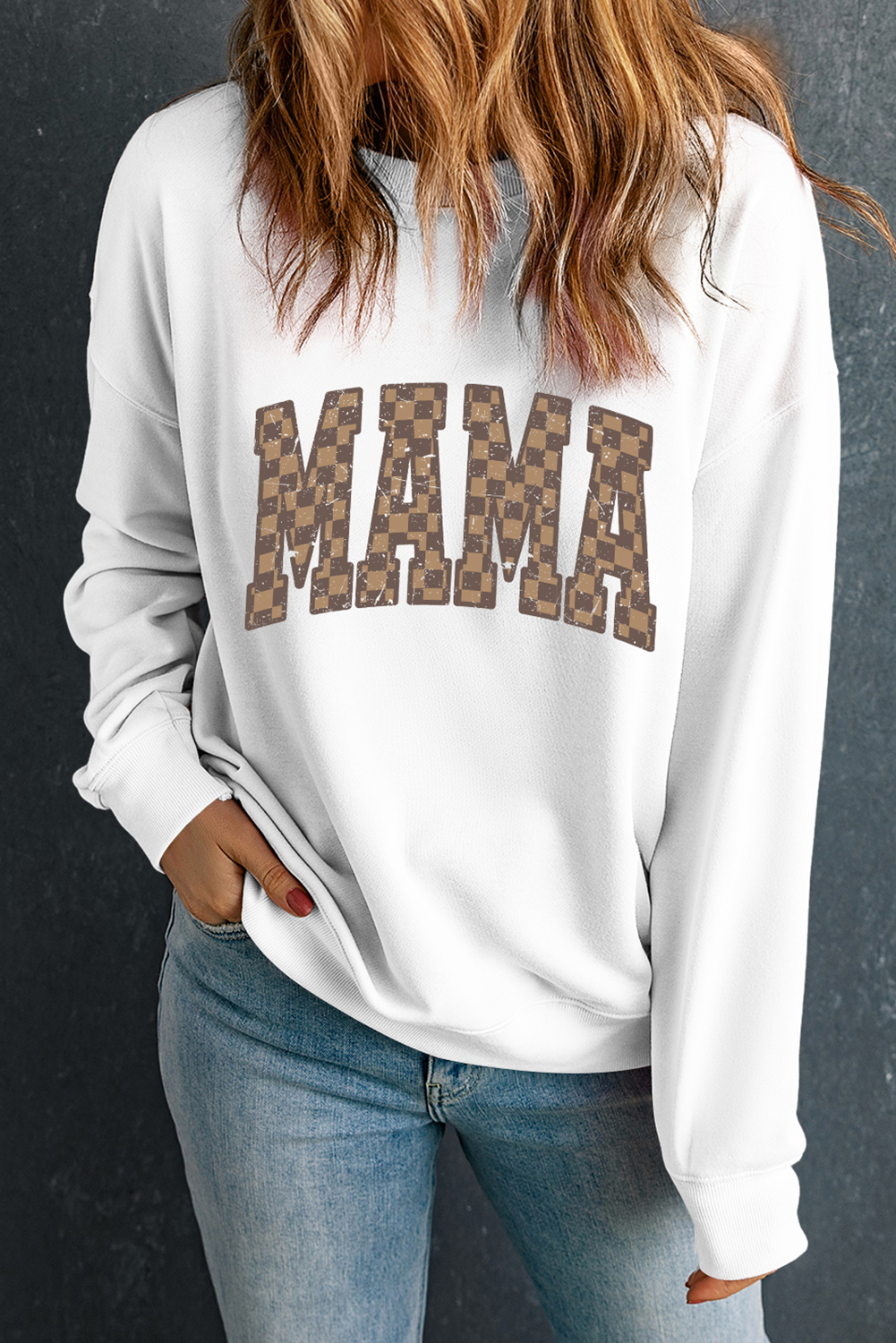 White Checkerboard MAMA Graphic Drop Shoulder Sweatshirt - loveforevers