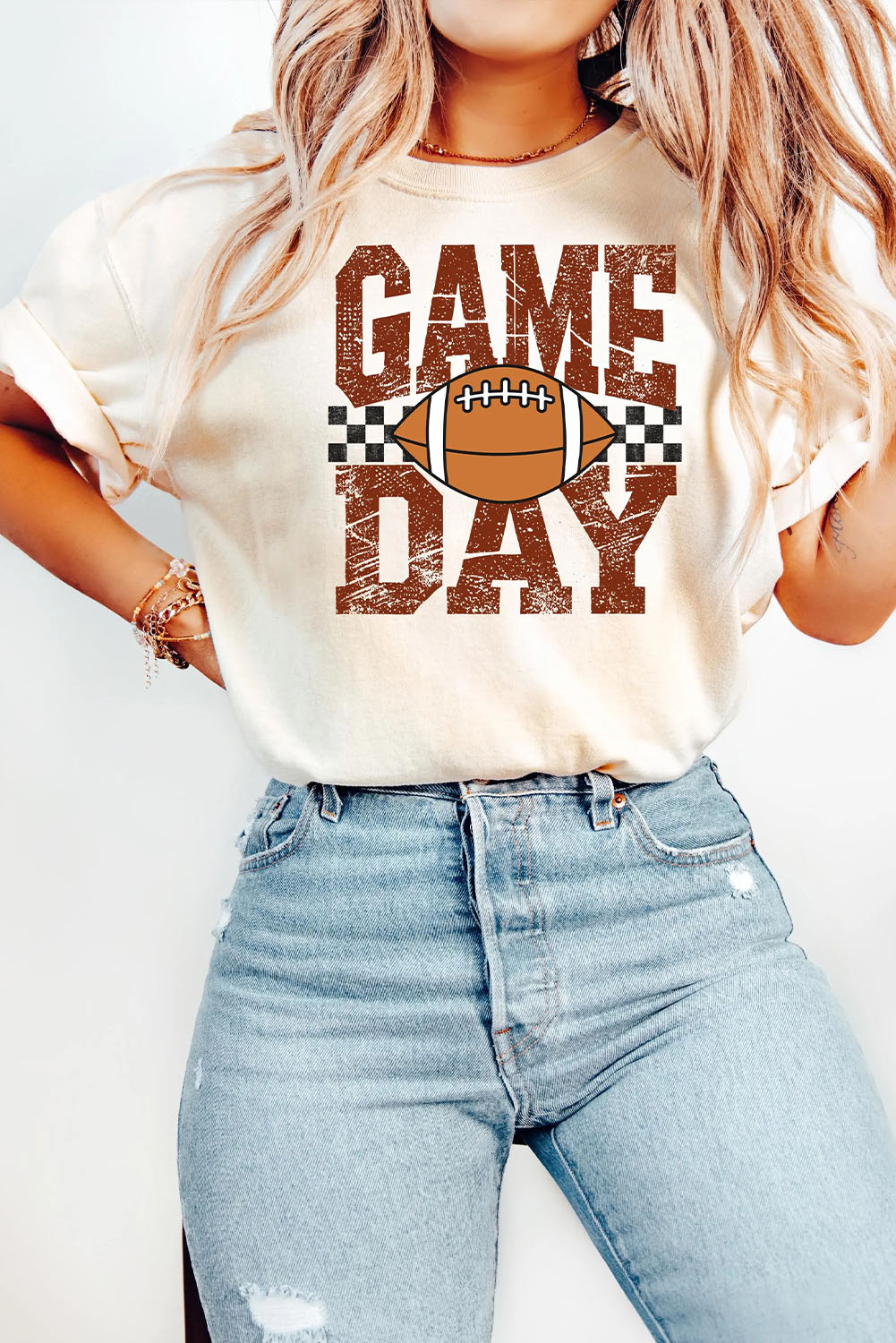 White GAME DAY Checkered Rugby Print Vintage Graphic Tee - loveforevers