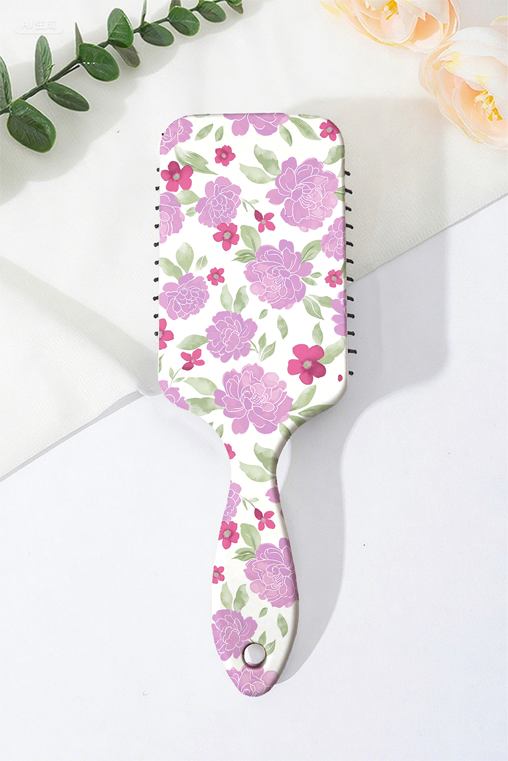 White Peony Flower Print Large Paddle Air Cushion Comb - loveforevers