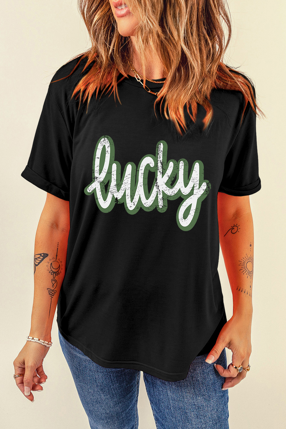Black St Patricks Day lucky Cracked Letter Graphic T Shirt - loveforevers