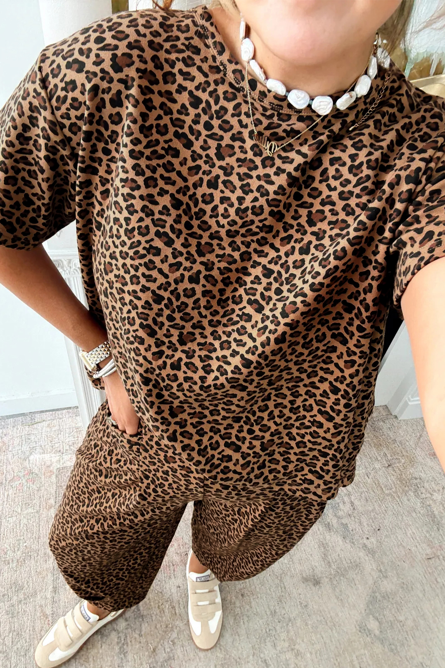 Brown Leopard Loose Tee Drawstring Waist Barrel Pants Set - loveforevers
