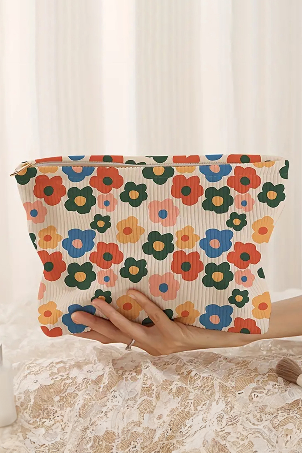 Red Flower Printed Rib Textured Cosmetic Bag - loveforevers