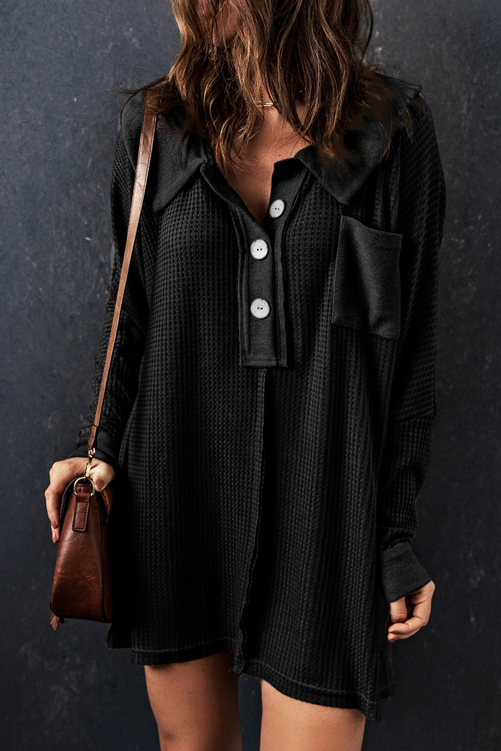 Brown Waffle Knit Buttoned Long Sleeve Top - loveforevers