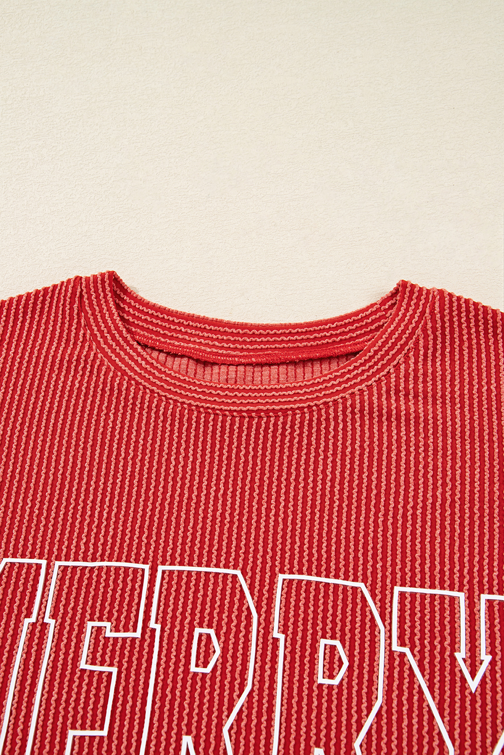 Evergreen Twisted Rib Outlined Merry Letter Graphic Loose Long Sleeve Top - loveforevers