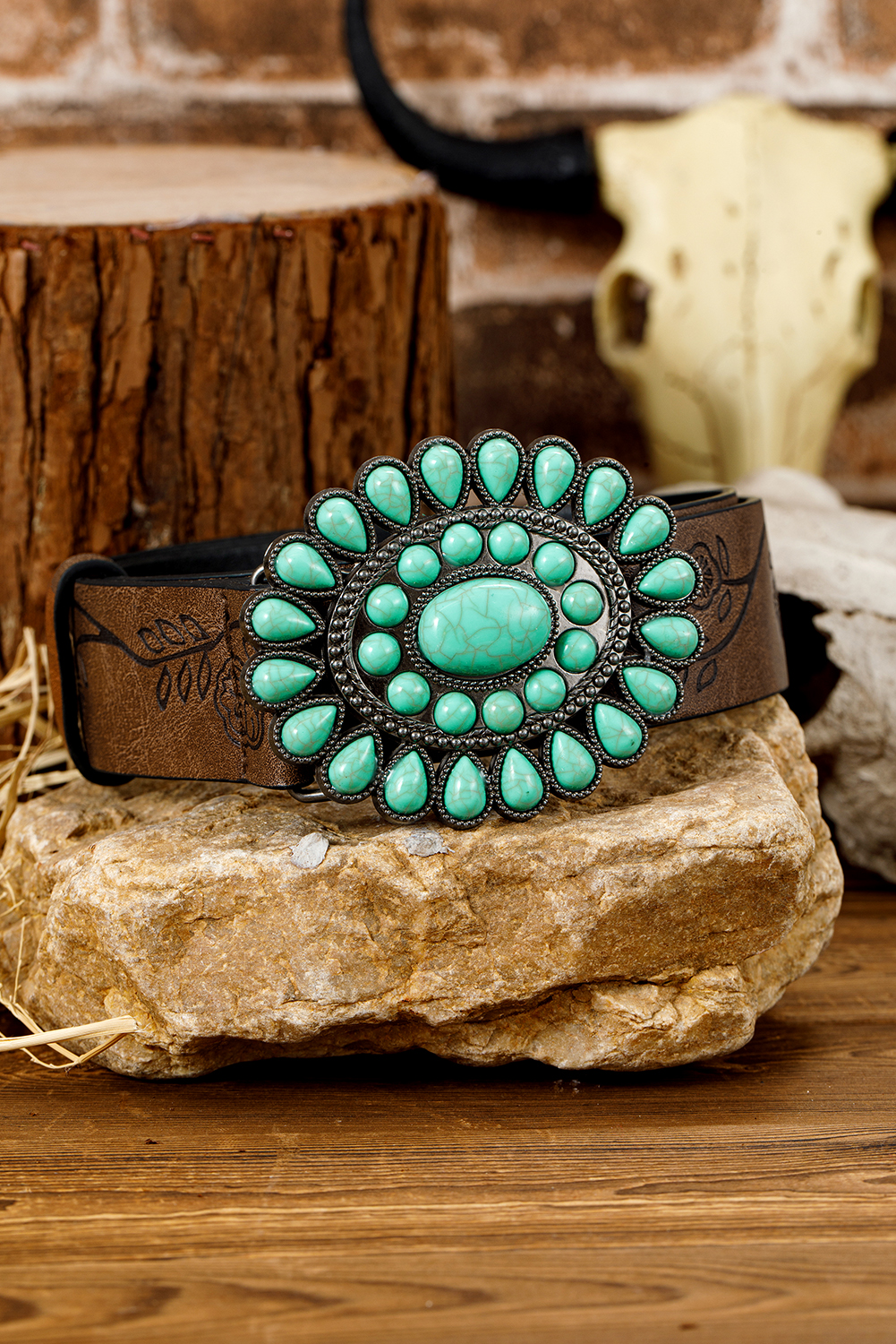 Chestnut Turquoise Gem Stone Western Fashion Faux Leather Belt - loveforevers