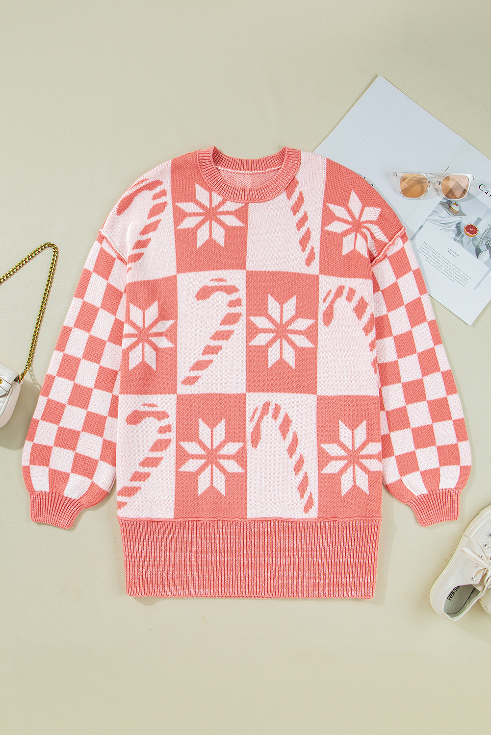 Pink Candycane Snowflake Checker Christmas Holiday Drop Shoulder Tunic Loose Sweater - loveforevers