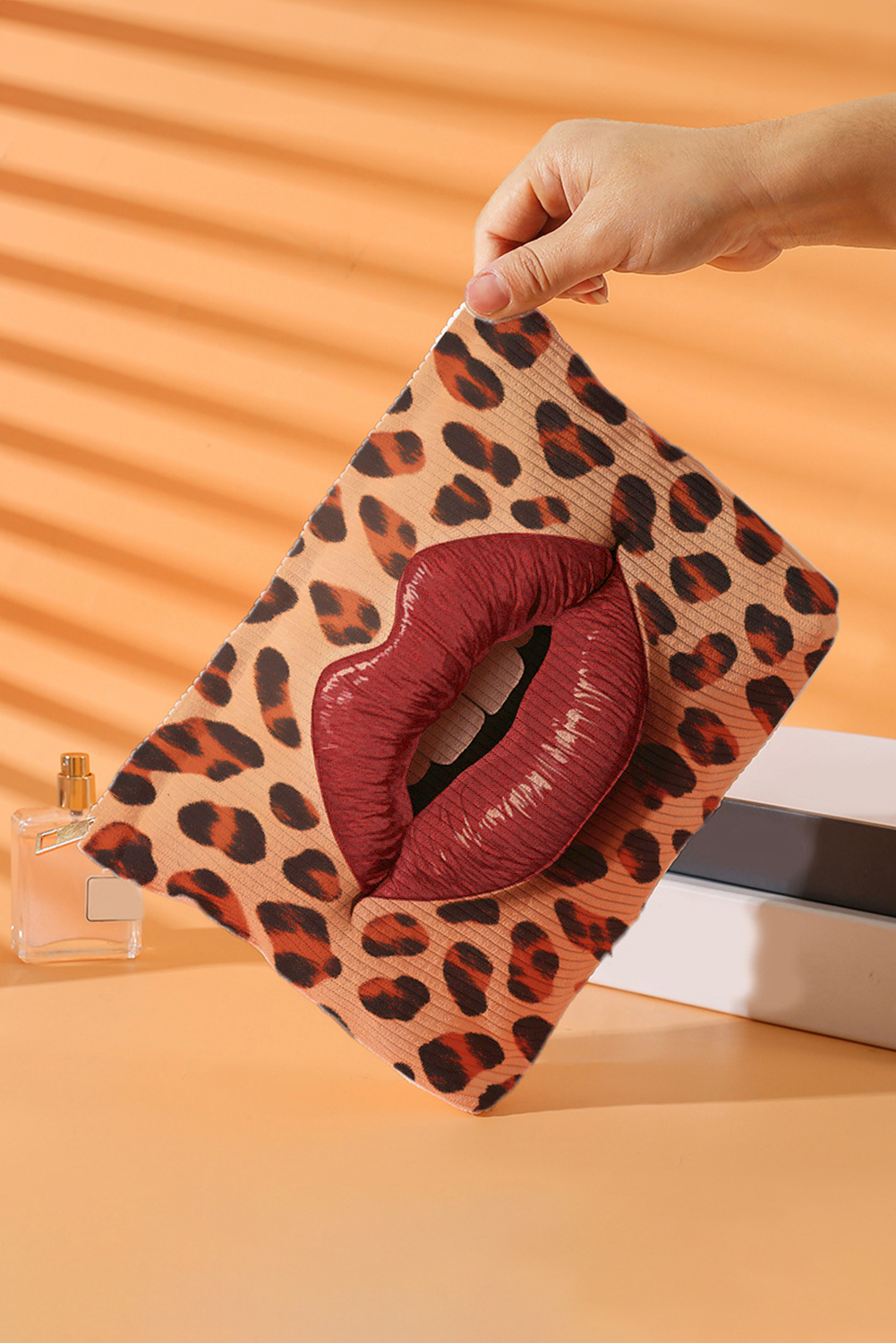 Brown Leopard Lip Shape Print Canvas Functional Makeup Bag - loveforevers