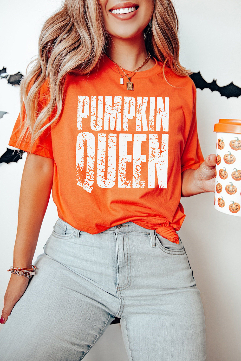 Orange PUMPKIN QUEEN Graphic Crew Neck Tee - loveforevers