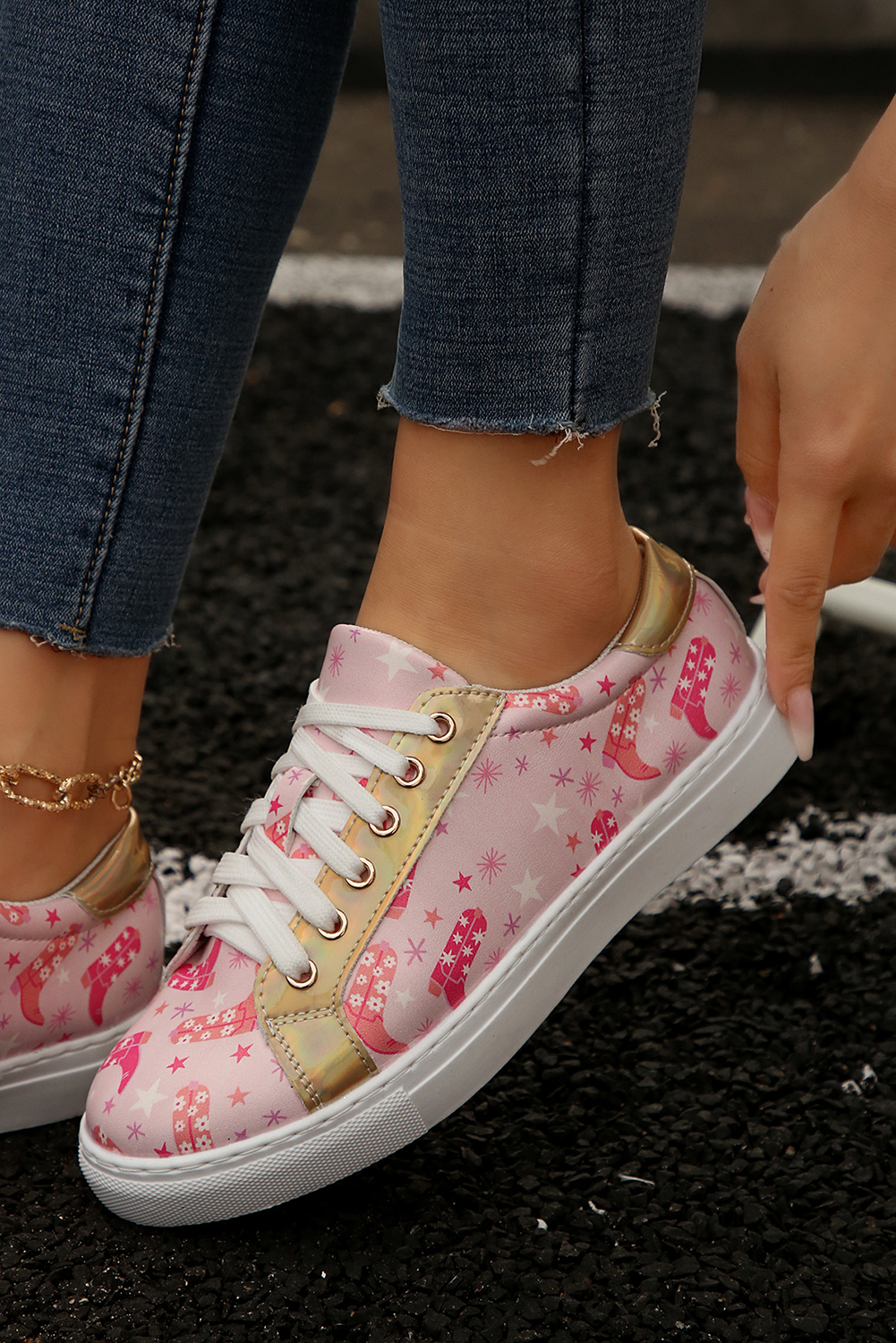 Pink Boots Print PU Leather Lace-up Shoes - loveforevers