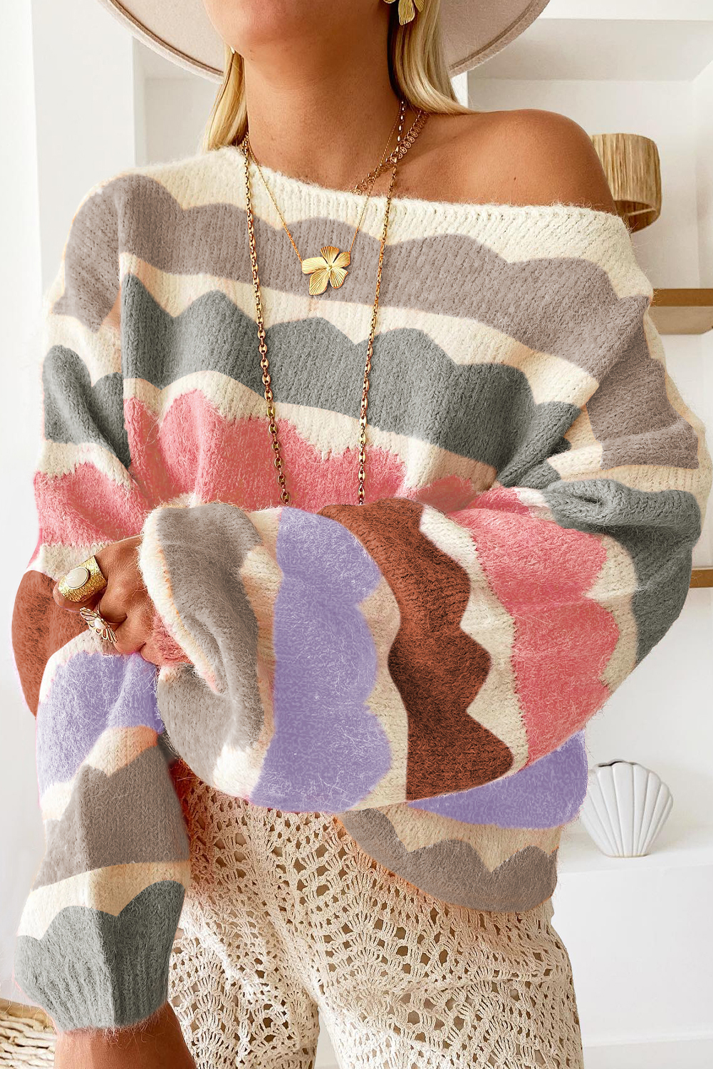 Rose Red Wave Striped Balloon Sleeve Drop Shoulder Sweater - loveforevers