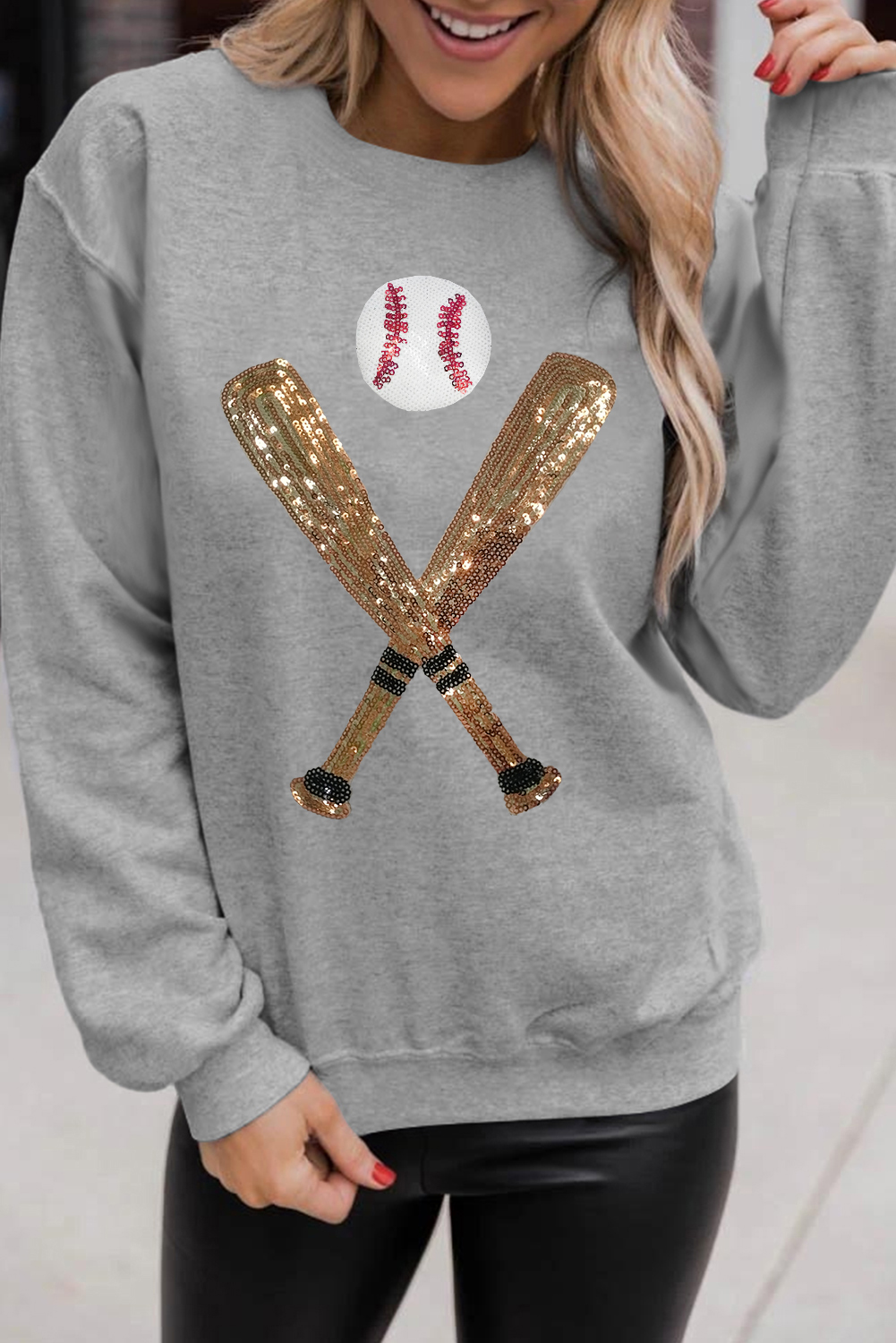 Gray Sequin Baseball Graphic Crewneck Game Day Sweatshirt - loveforevers