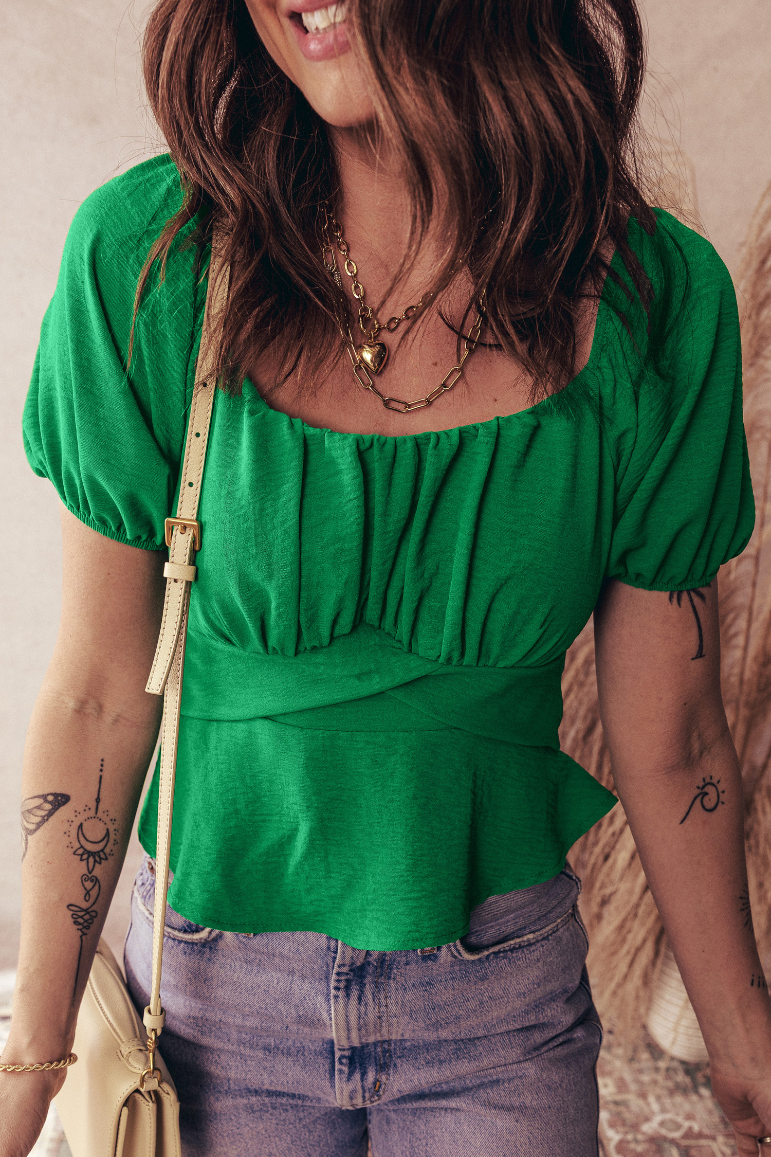 Dark Green Solid Color Ruched Crossed Waist Tied Back Short Sleeve Peplum Top - loveforevers