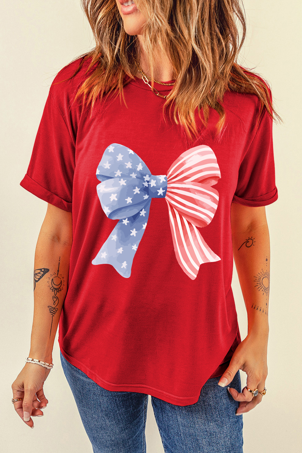 Red Stars and Stripes Bow Print Independence Day T Shirt - loveforevers