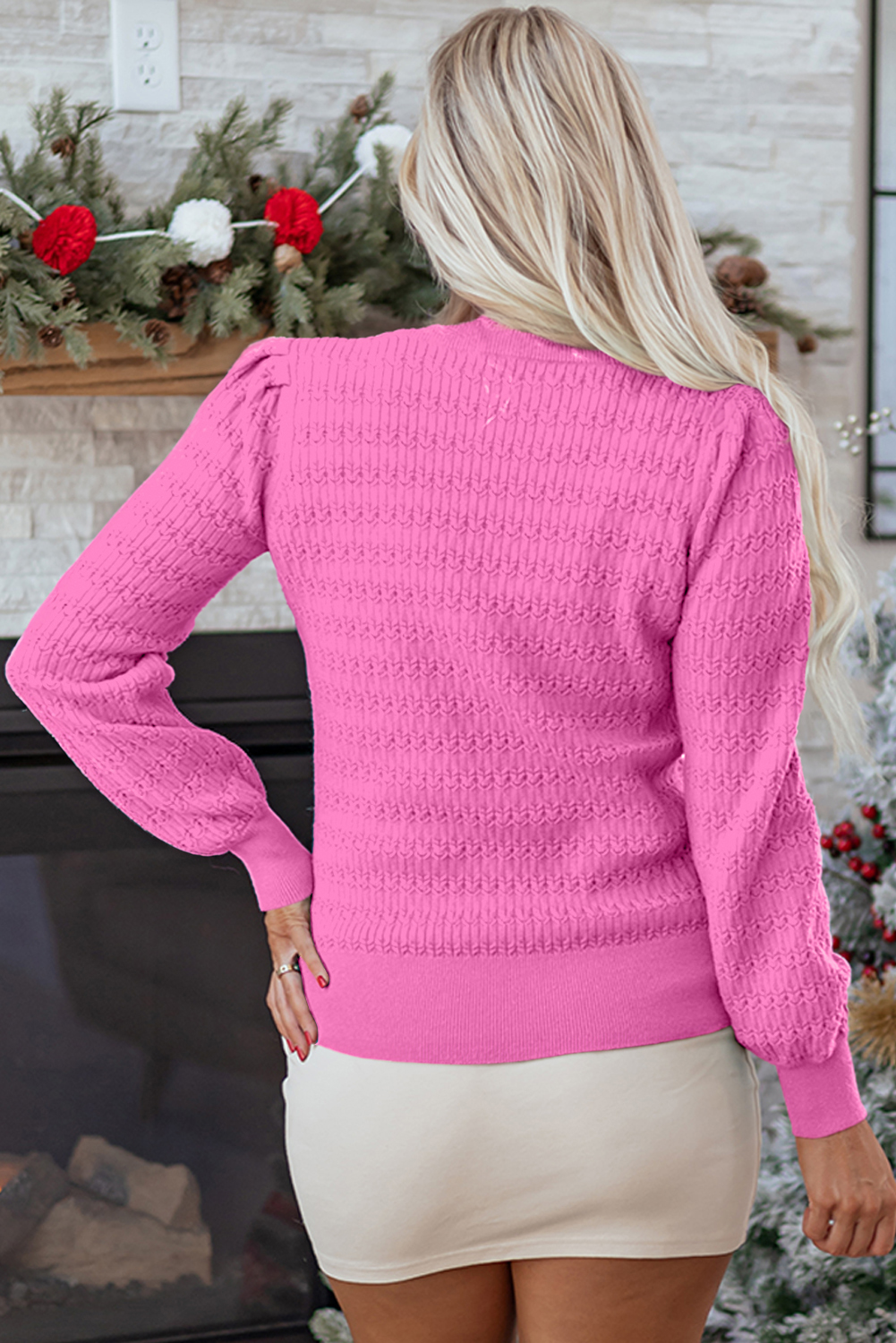 Fiery Red Trendy Pattern Knit Ribbed Cuffs Crew Neck Sweater - loveforevers