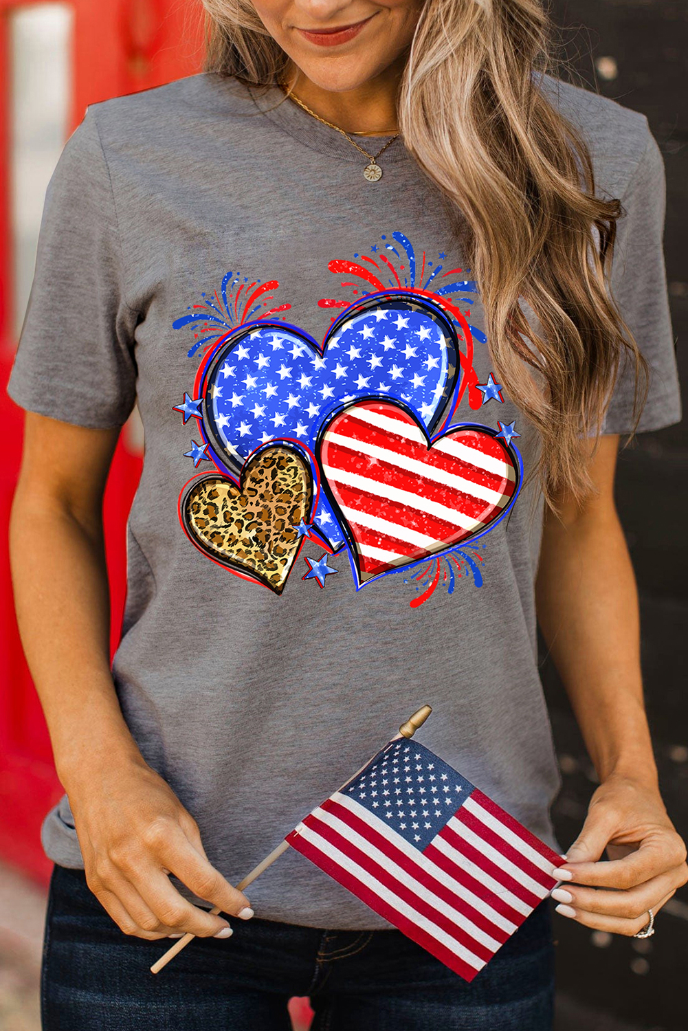 Gray American Heart July 4th Celebration Graphic T Shirt - loveforevers