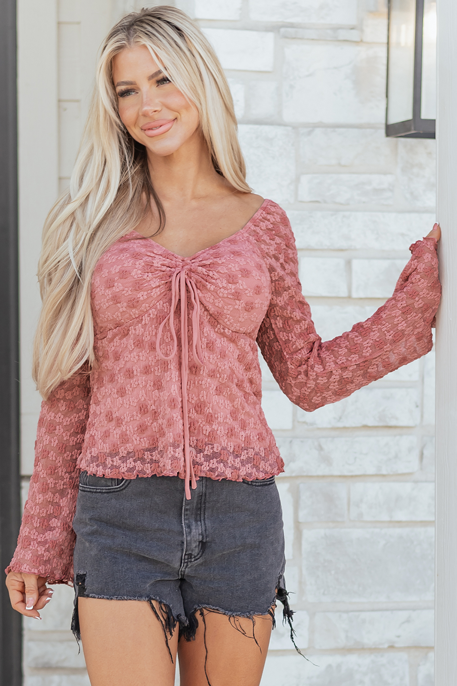 Peach Blossom Drawstring Knot Detail Floral Lace Blouse - loveforevers
