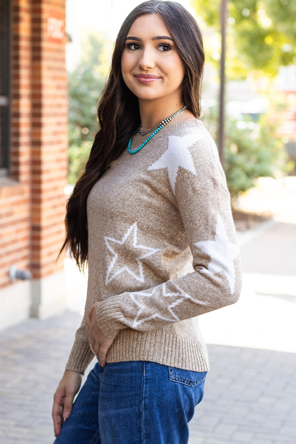 Khaki Star Pattern Drop Shoulder Sweater - loveforevers