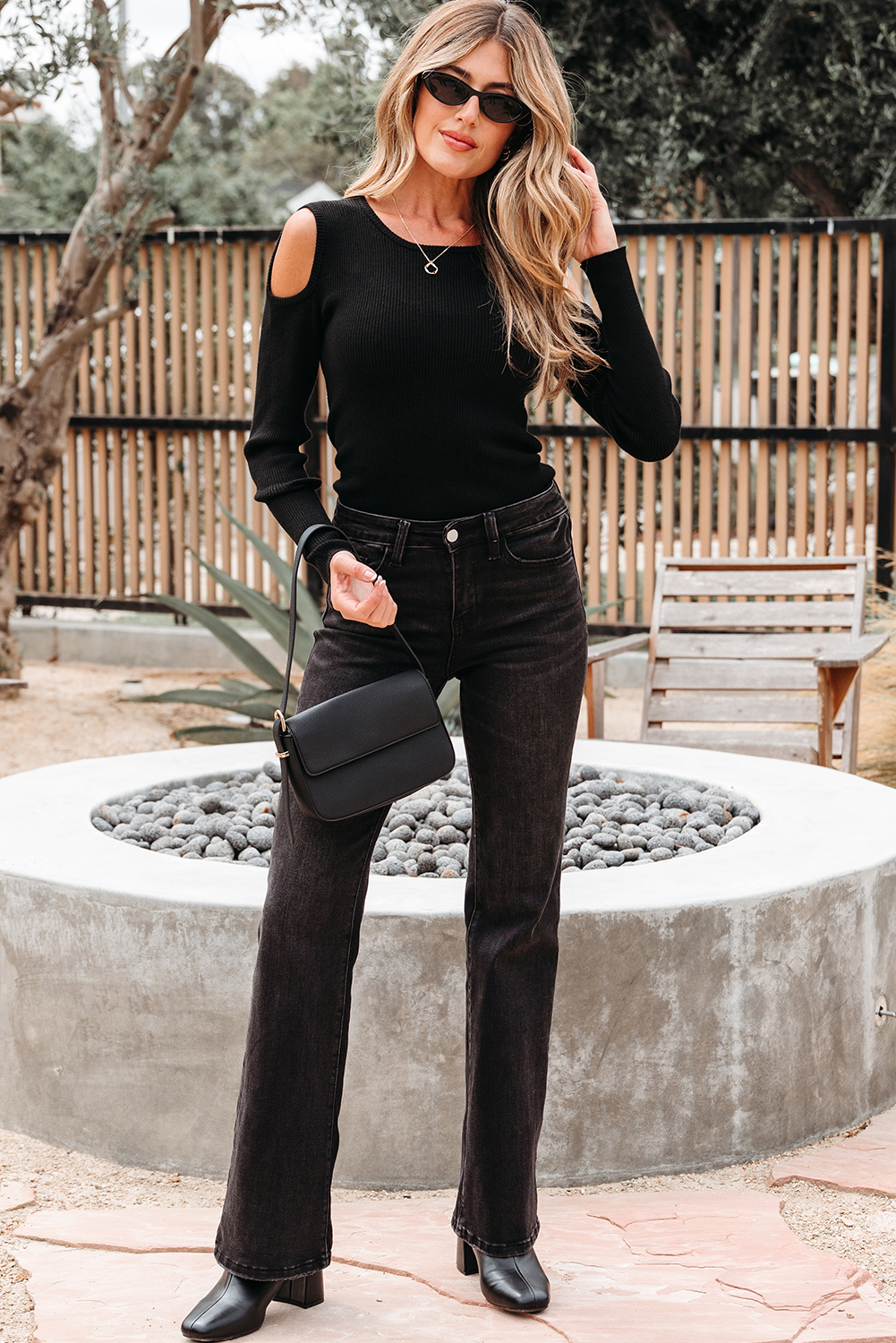 Black Ribbed Knit Cold Shoulder Sweater - loveforevers