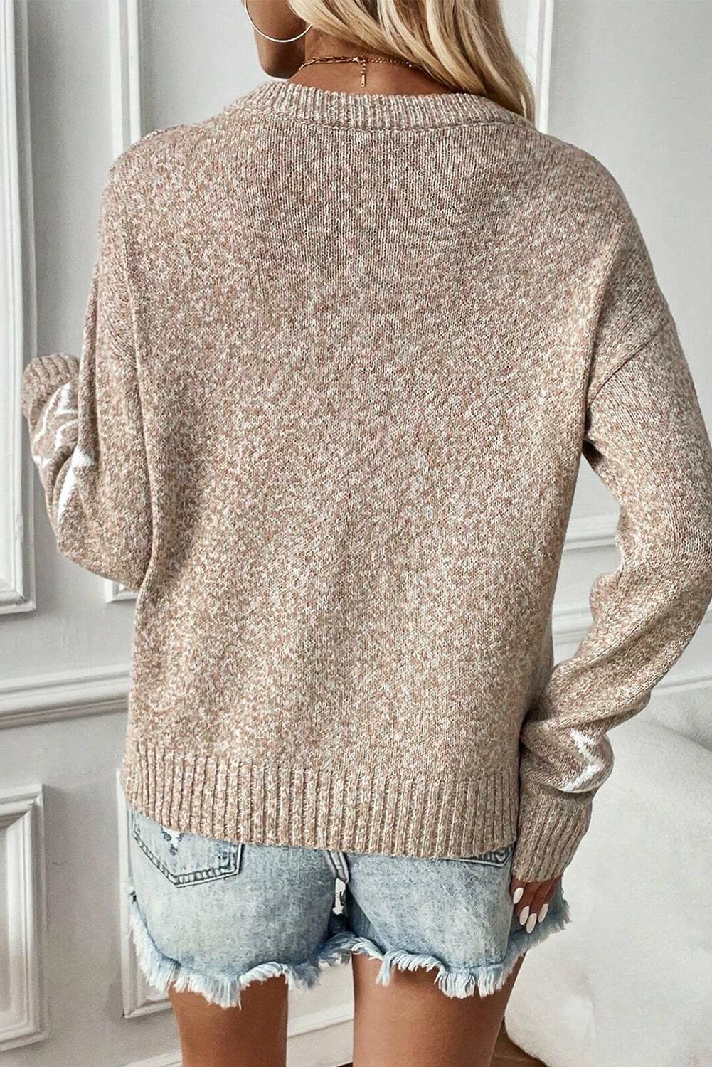 Khaki Star Pattern Drop Shoulder Sweater - loveforevers