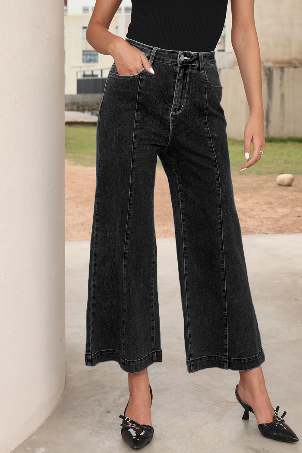 Black Plain Seam Detail Flared Bottom Ankle Length Jeans - loveforevers
