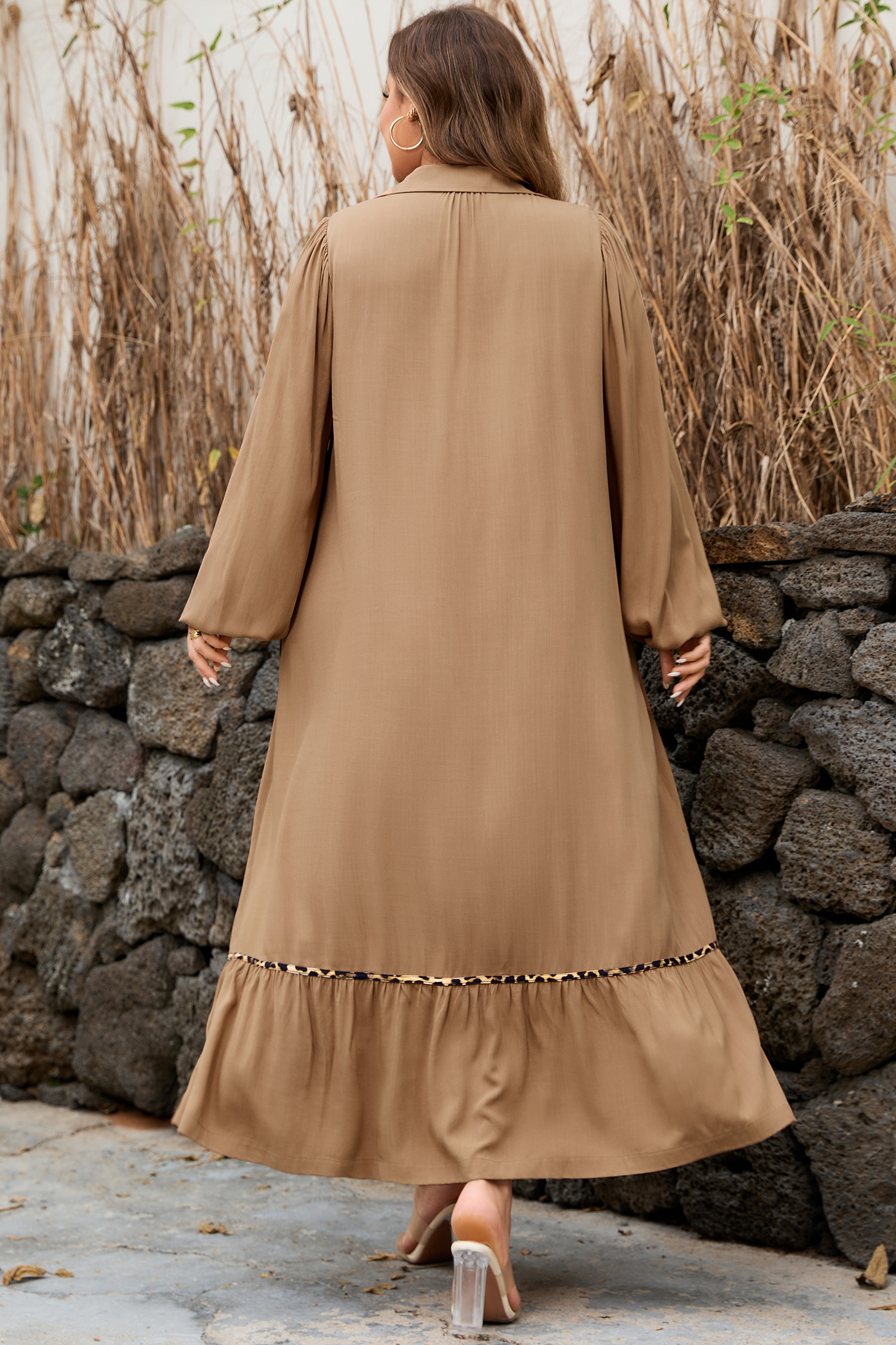 Four Leaf Clover Collared V Neck Smocked Detail Contrast Leopard Trim Bracelet Sleeve Long Dress - loveforevers