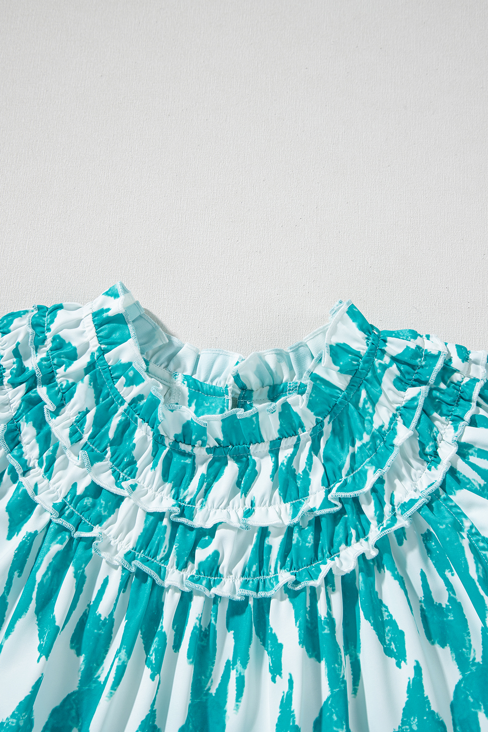 Sky Blue Abstract Print Frilled Crewneck Loose Fit Blouse - loveforevers