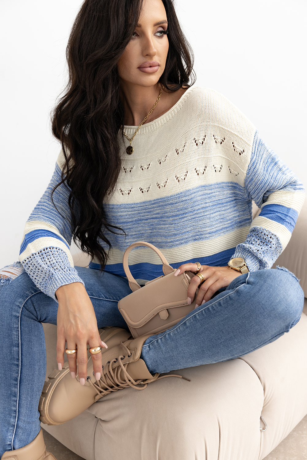 Light Blue Open Stitch Puff Sleeve Sweater - loveforevers