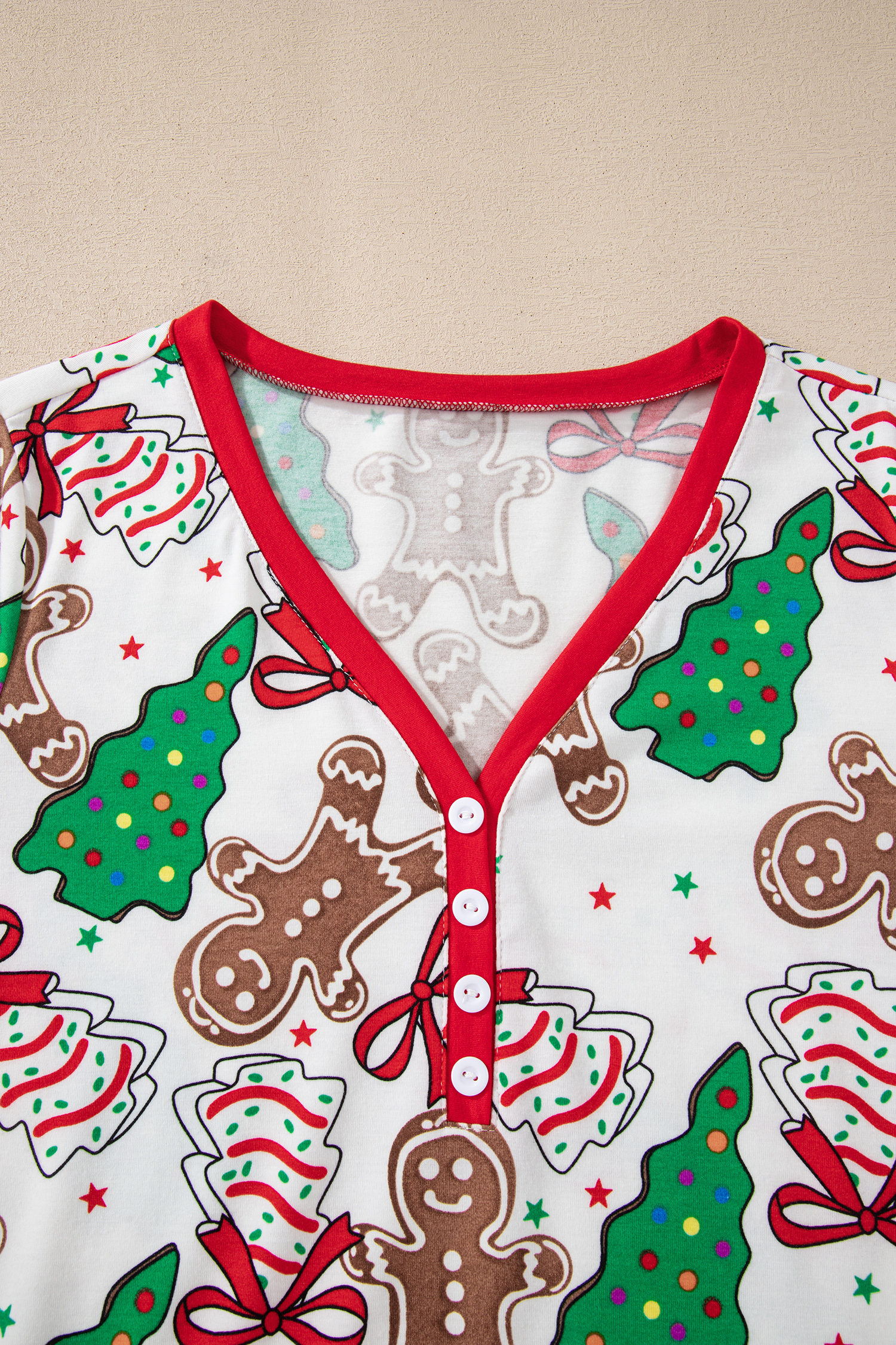 White Christmas Pattern Button V Neck Pullover Drawstring Pants 2pcs Lounge Set - loveforevers