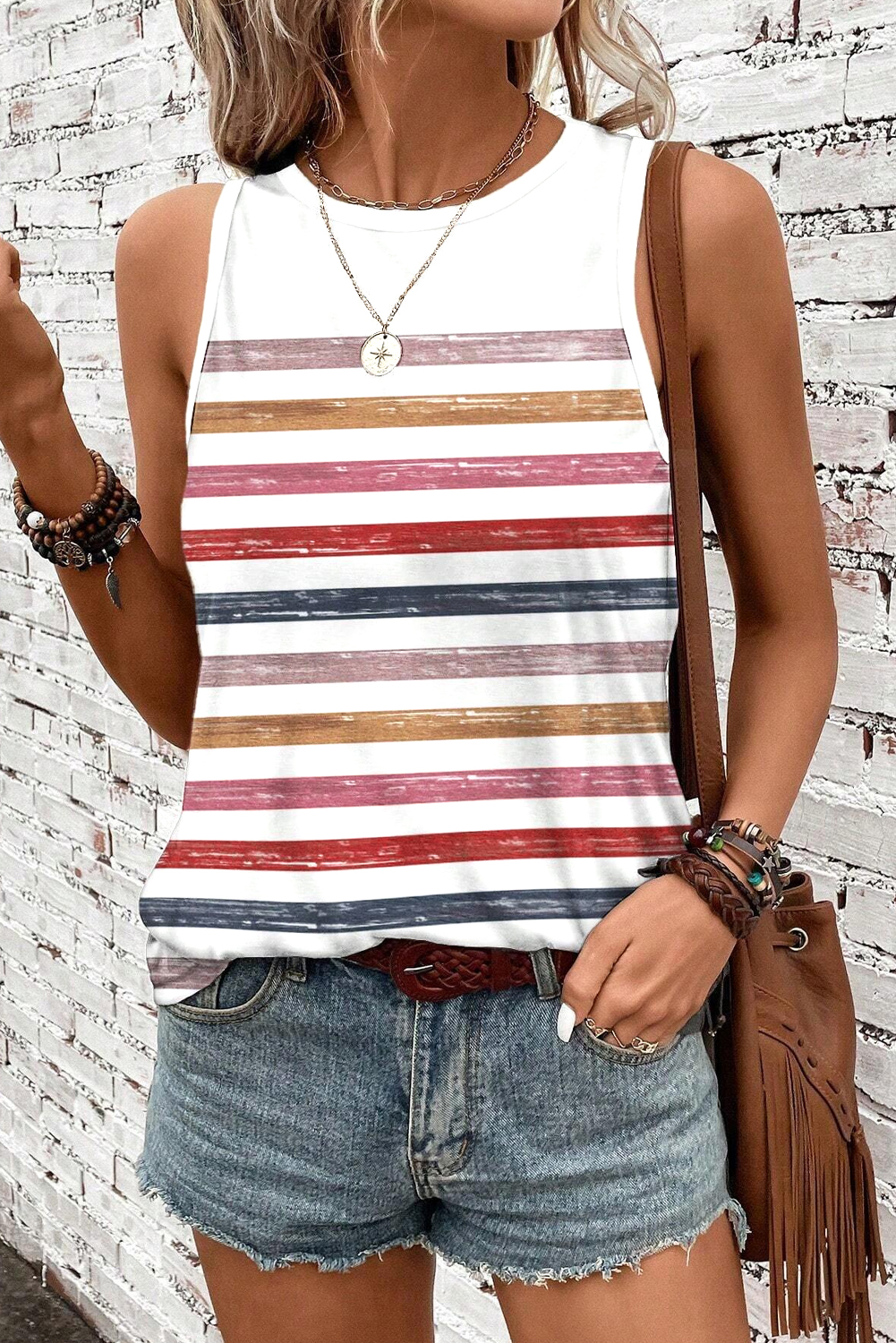 Red Stripe Rainbow Round Neck Tank Top - loveforevers