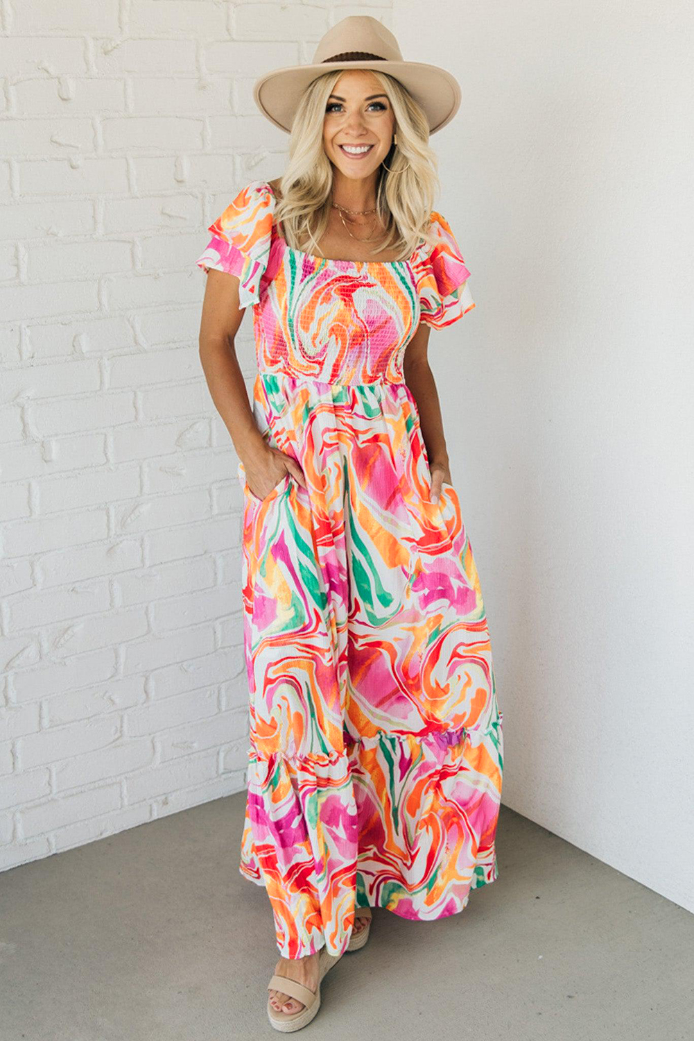 Pink Abstract Print Ruffled Sleeve Smocked Bust Maxi Dress - loveforevers