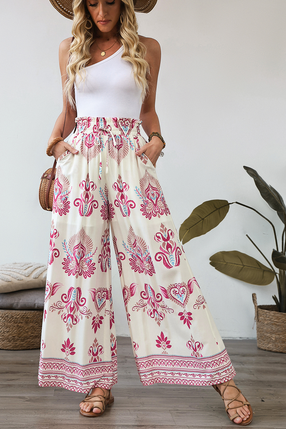 Rose Boho Printed Shirred High Waist Flowy Wide Leg Pants - loveforevers
