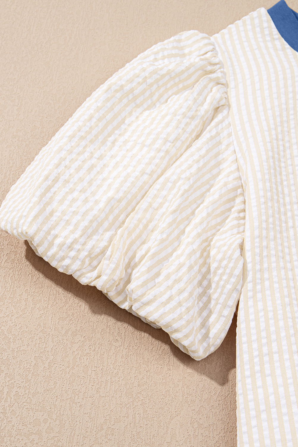 Beige Stripe Seersucker Contrast Round Neck Puff Sleeve T Shirt Dress - loveforevers