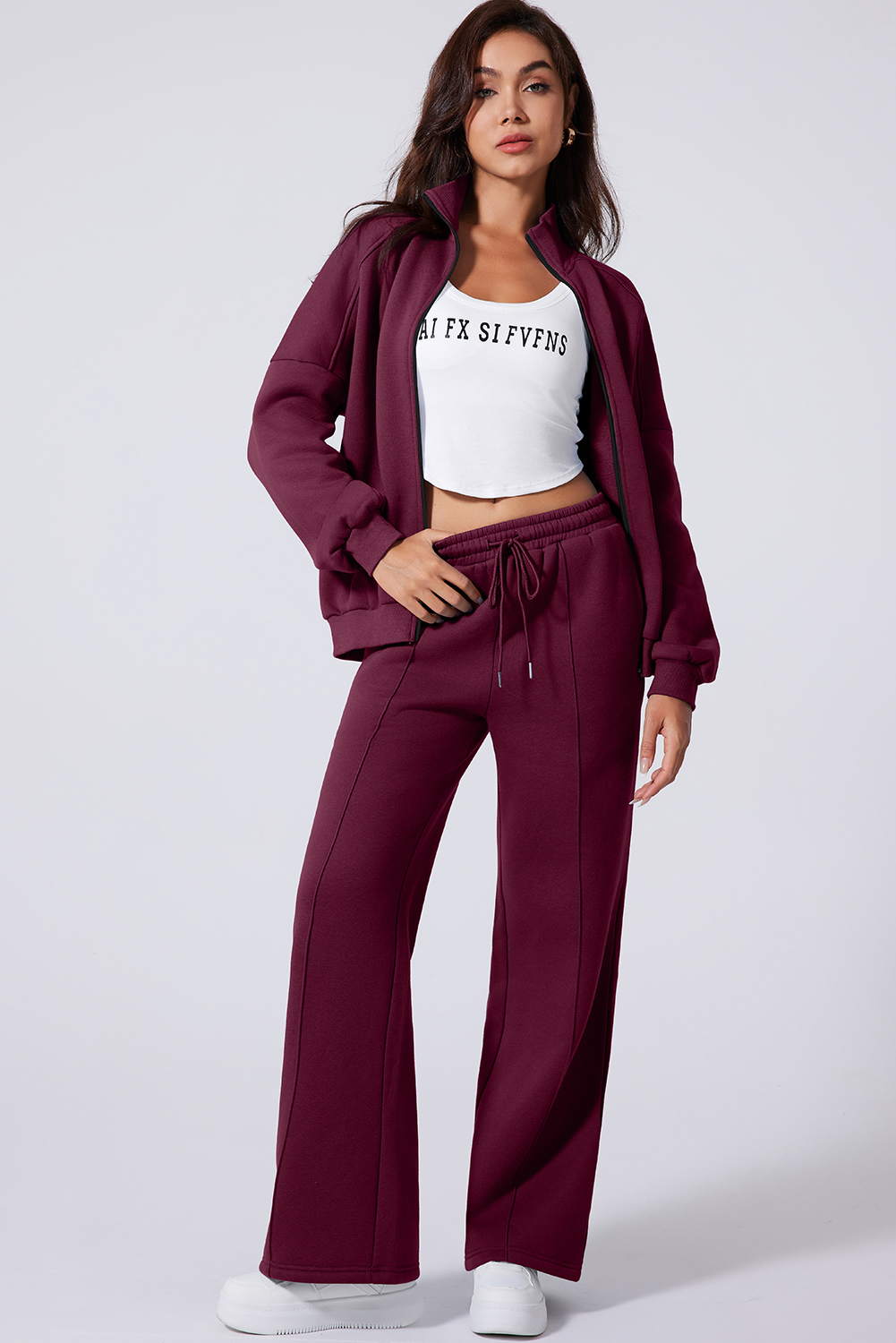 Navy Blue Drop Shoulder Zip Up Jacket Drawstring Pants Active 2pcs Set - loveforevers