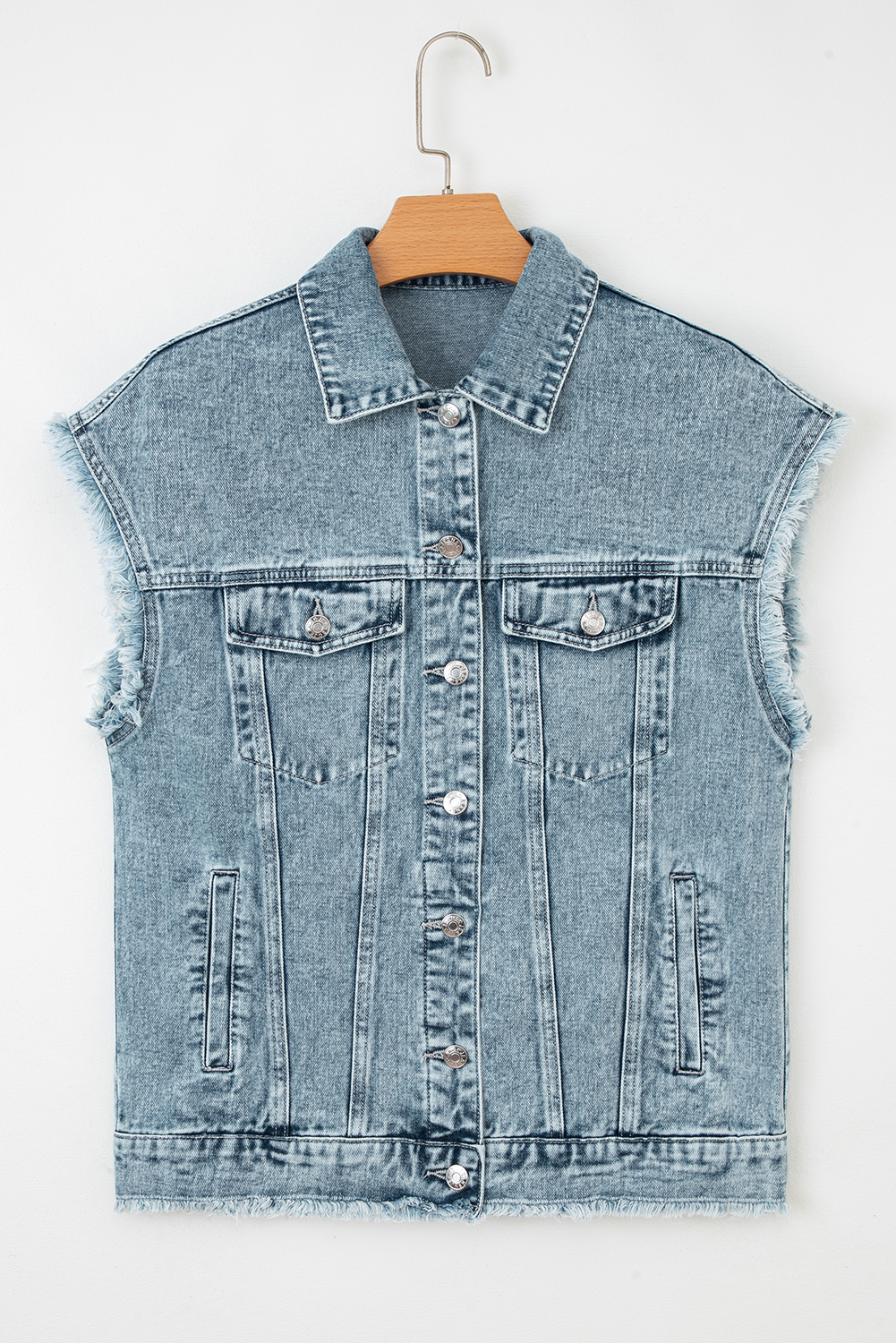 Myosotis Button Flap Pocket Frayed Detail Denim Vest - loveforevers
