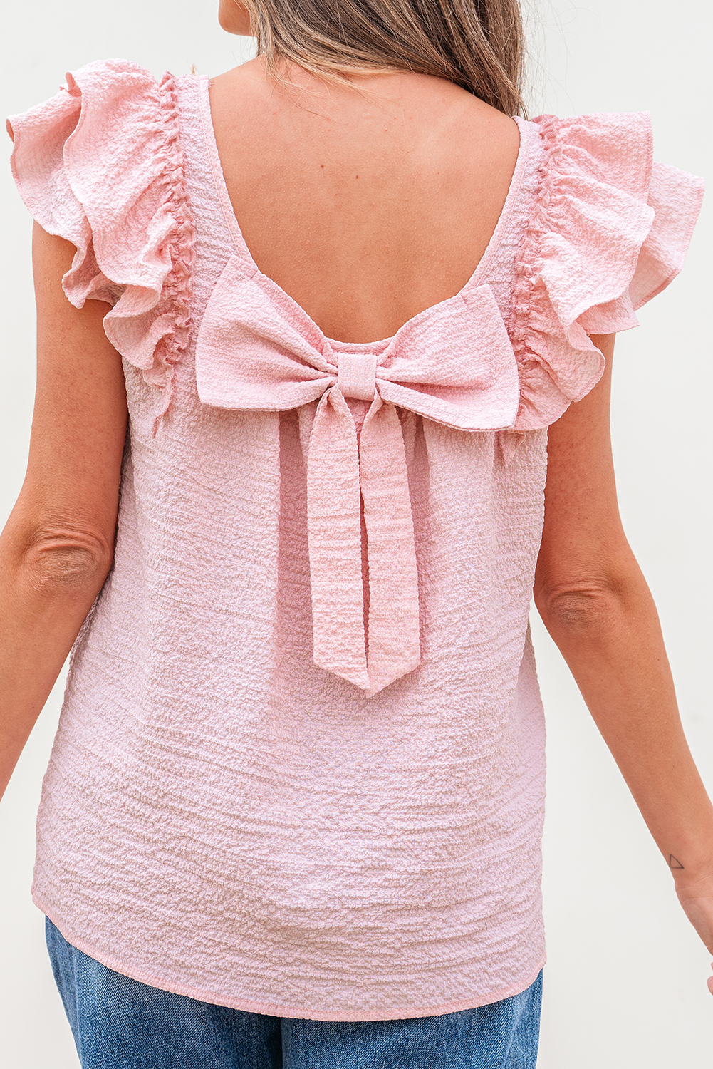 Beau Blue Textured Bow Knot Frilled Butterfly Sleeve Blouse - loveforevers