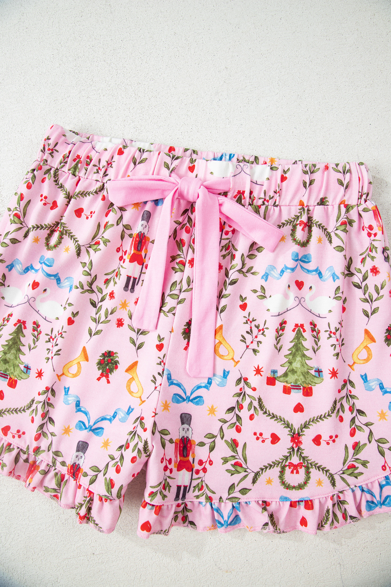 Pink Nutcracker Doll Christmas Print Ribbon Tie Waist Short 2pcs Pajama Set - loveforevers