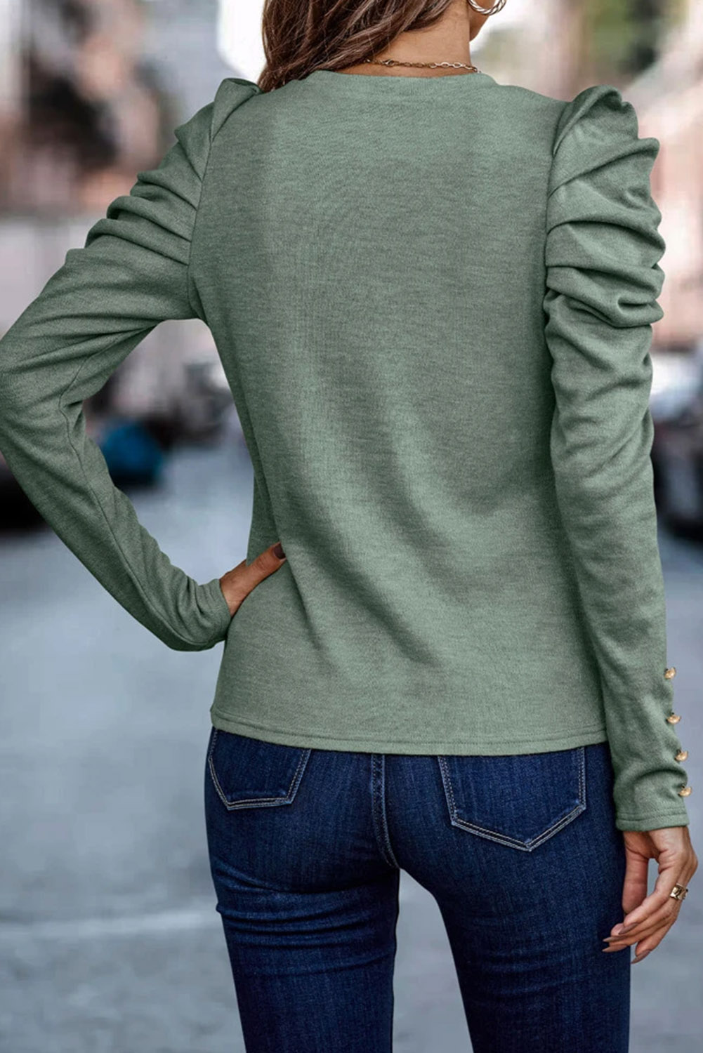 Green Buttoned Puff Long Sleeve Sheath Top - loveforevers