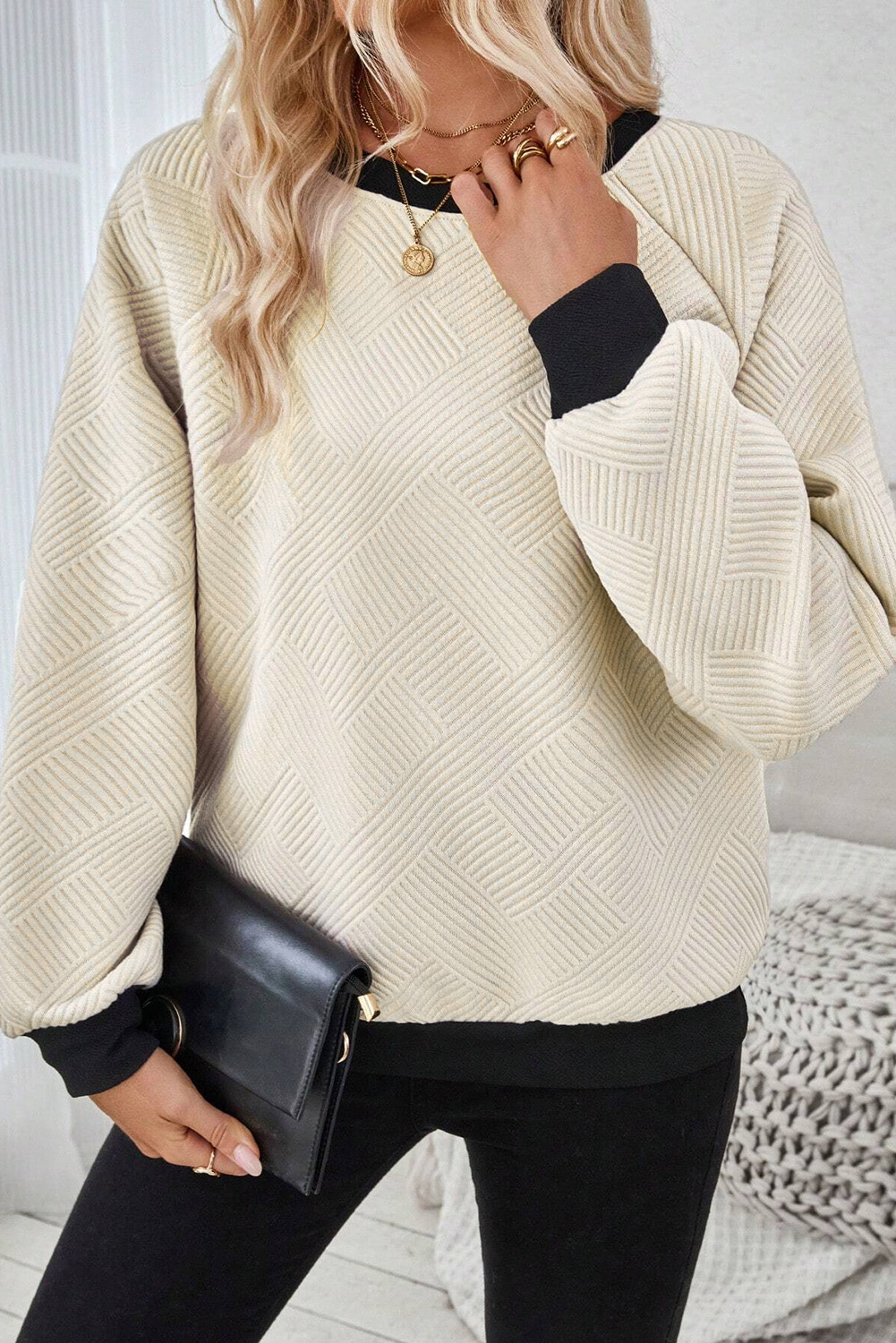 Jet Stream Color Block Edge Raglan Sleeve Crew Neck Textured Top - loveforevers