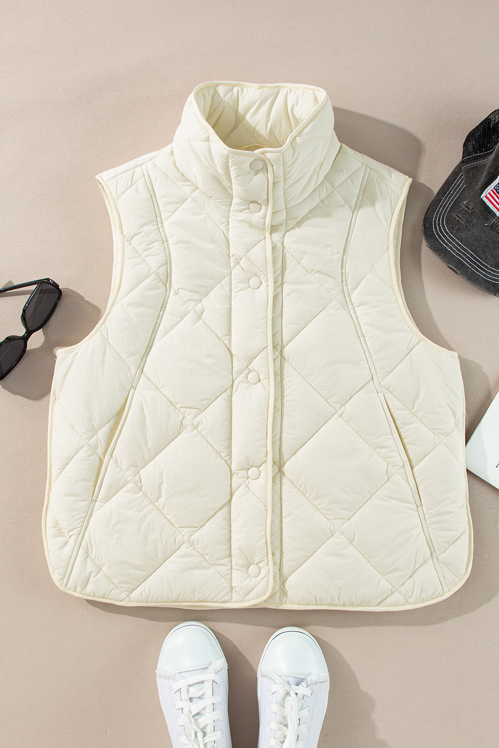 Beige Quilted High Neck Button Up Pocket Vest Coat - loveforevers