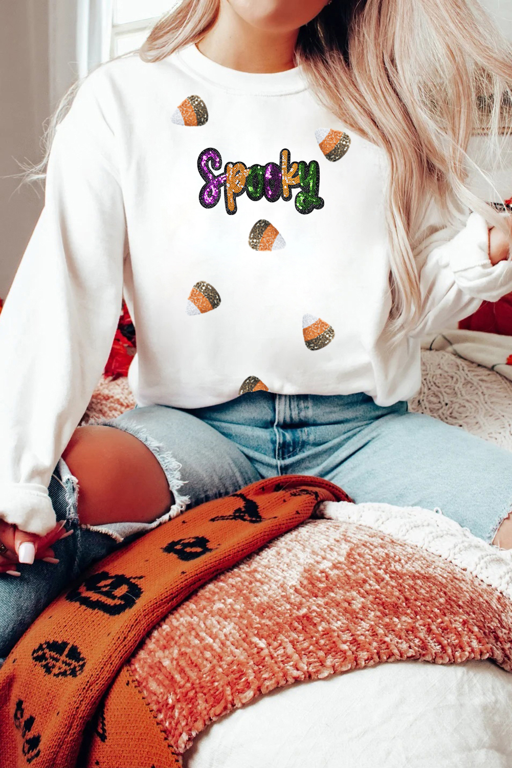 White Sequin Spooky Halloween Spirit Print Casual Sweatshirt - loveforevers