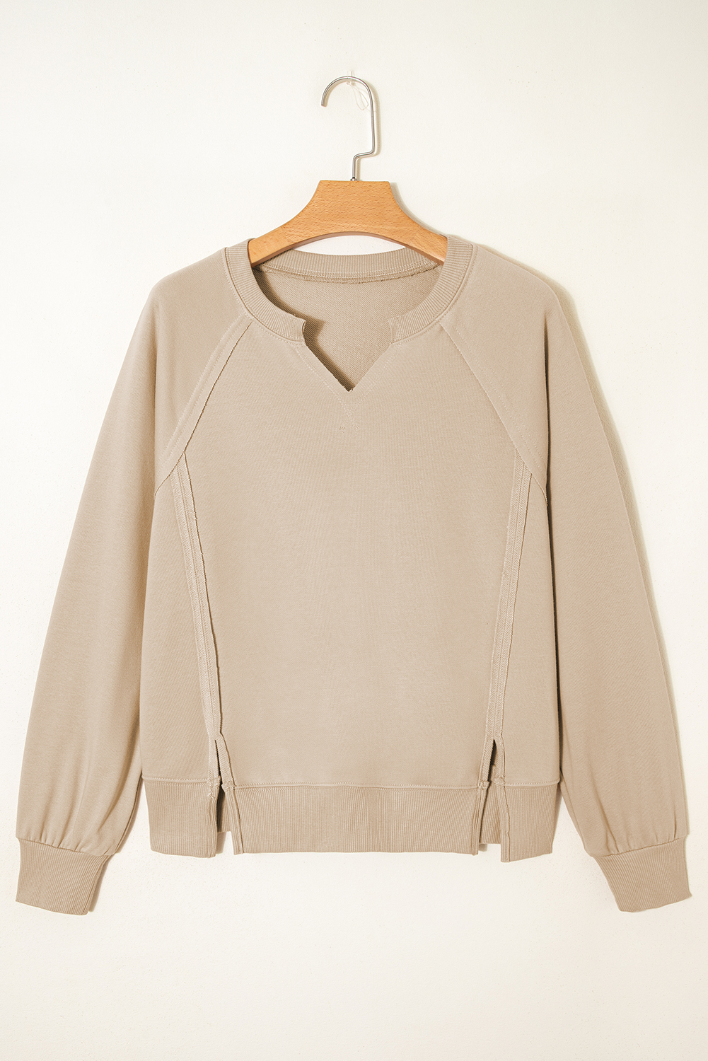 Parchment Raw Edge Exposed Seam Raglan Sleeve Side Slit Sweatshirt - loveforevers