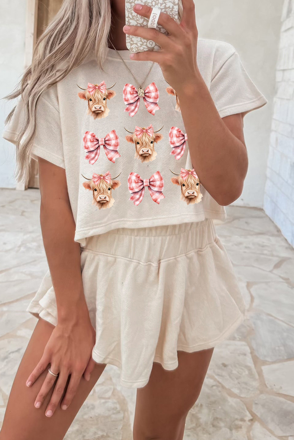 Beige Cow with Bows Cropped Tee and Skort Set - loveforevers