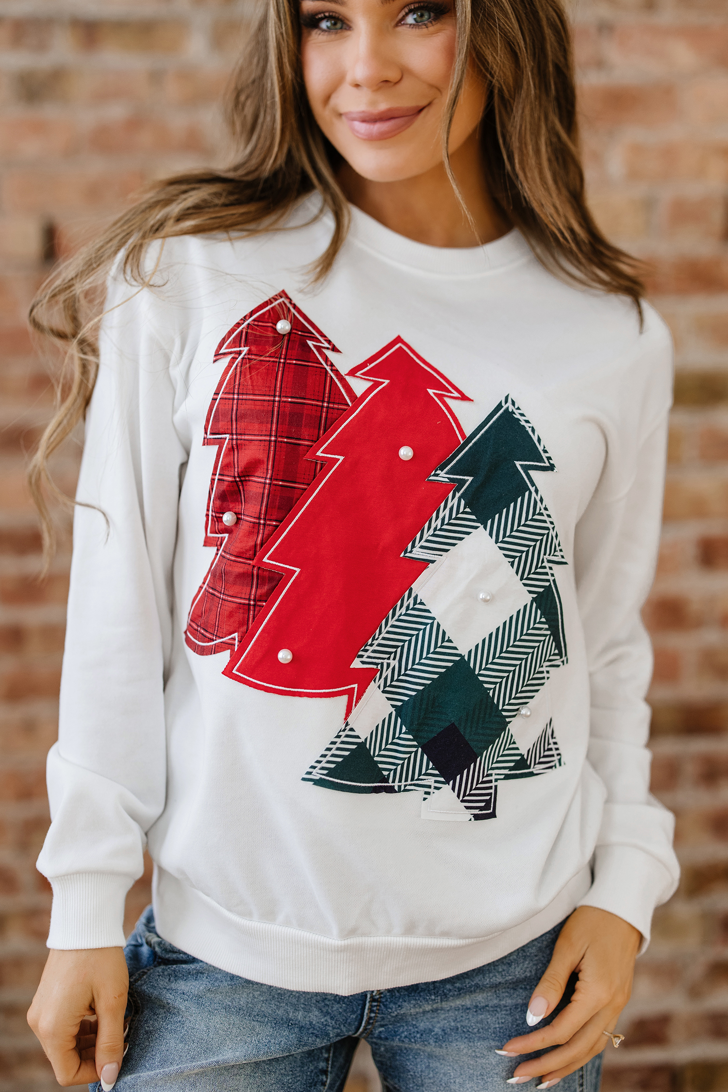 White Pearl Plaid Christmas Tree Patched Drop Shoulder Sweatshirt - loveforevers