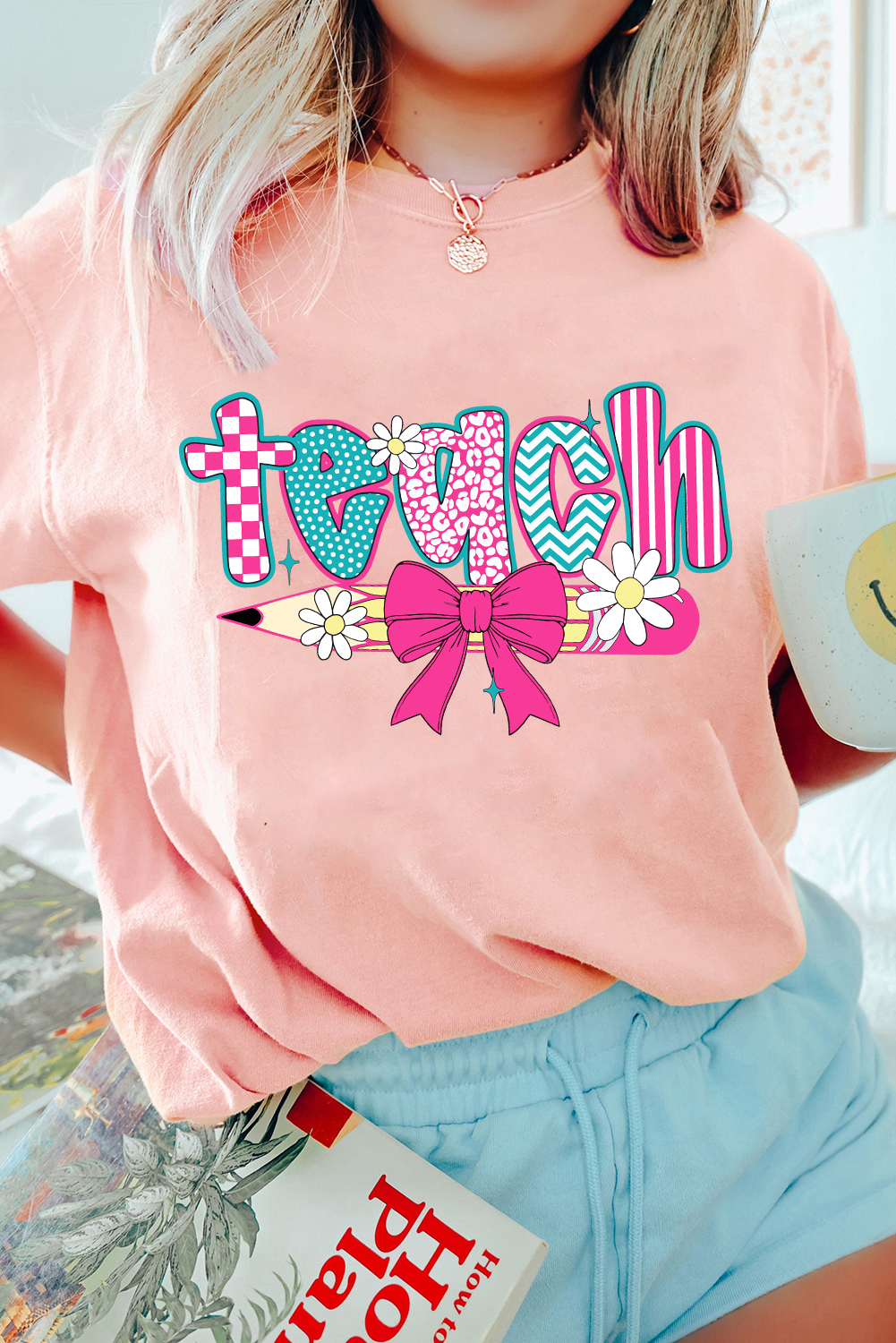 Pink Preppy Retro Checkered Coquette Teach Graphic T-Shirt - loveforevers
