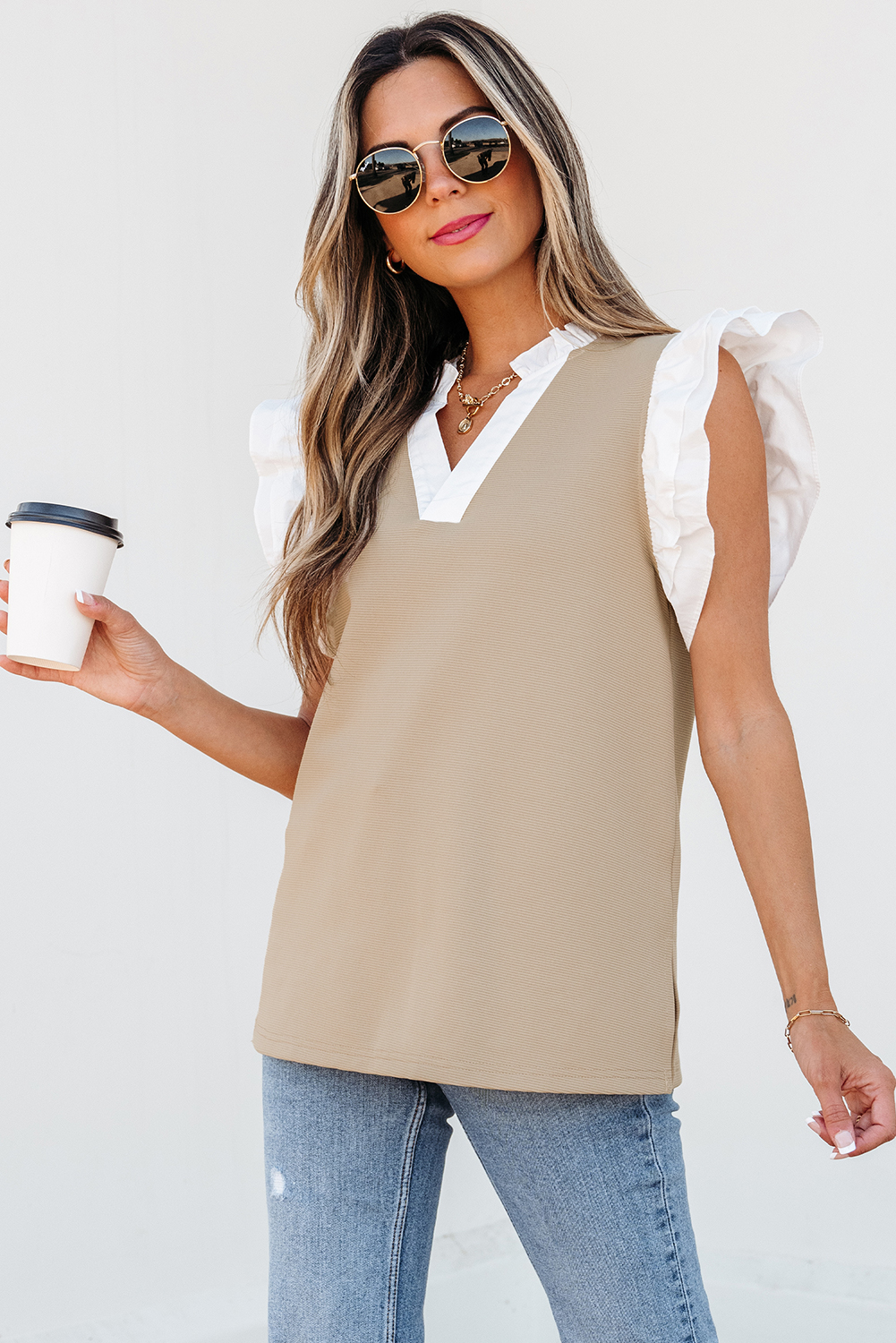 Pale Khaki Contrast V Neck Ruffled Textured Knit Top - loveforevers