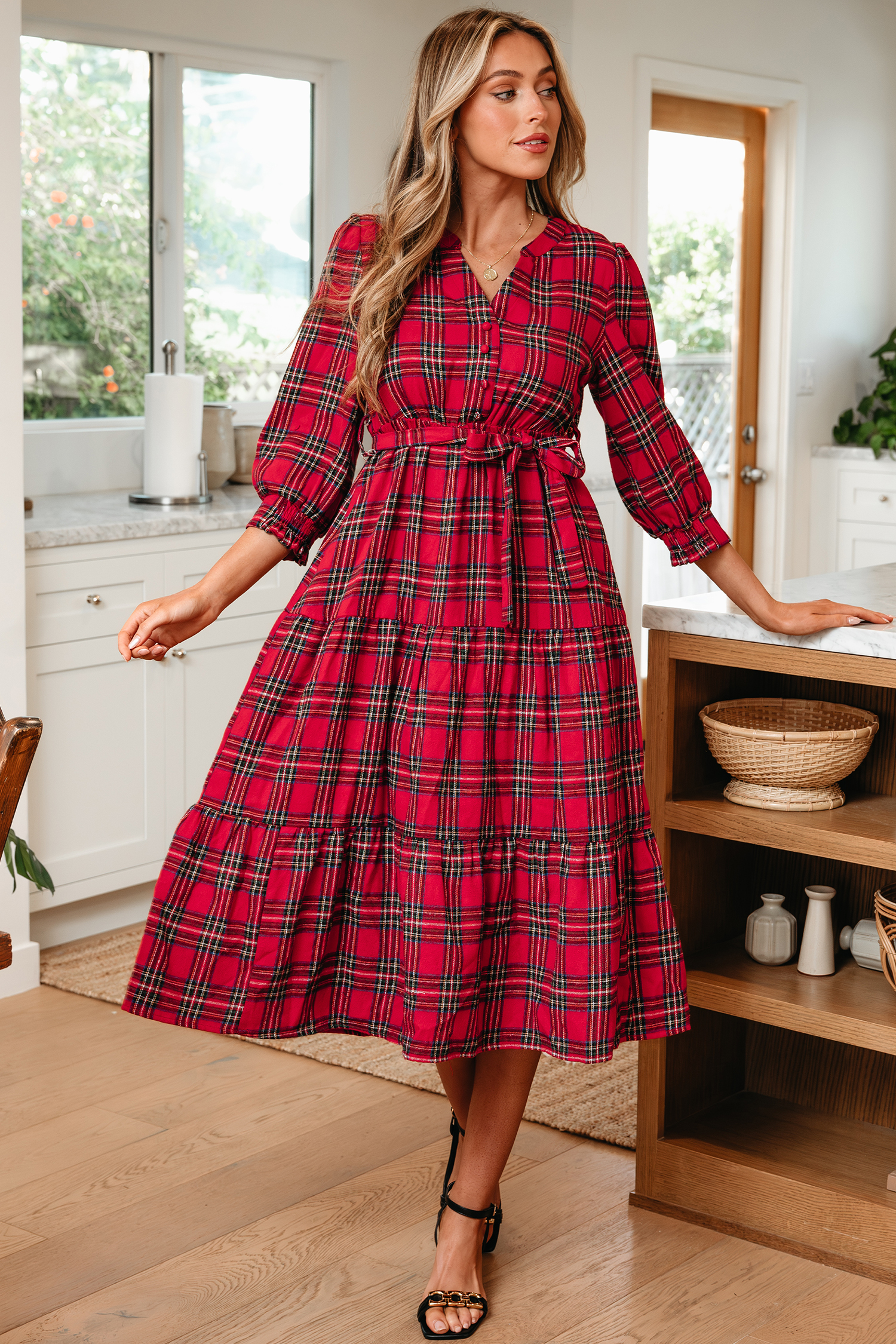 Red Christmas Plaid V Neck 3/4 Sleeve Tie Waist Ruffle Hem Long Dress - loveforevers